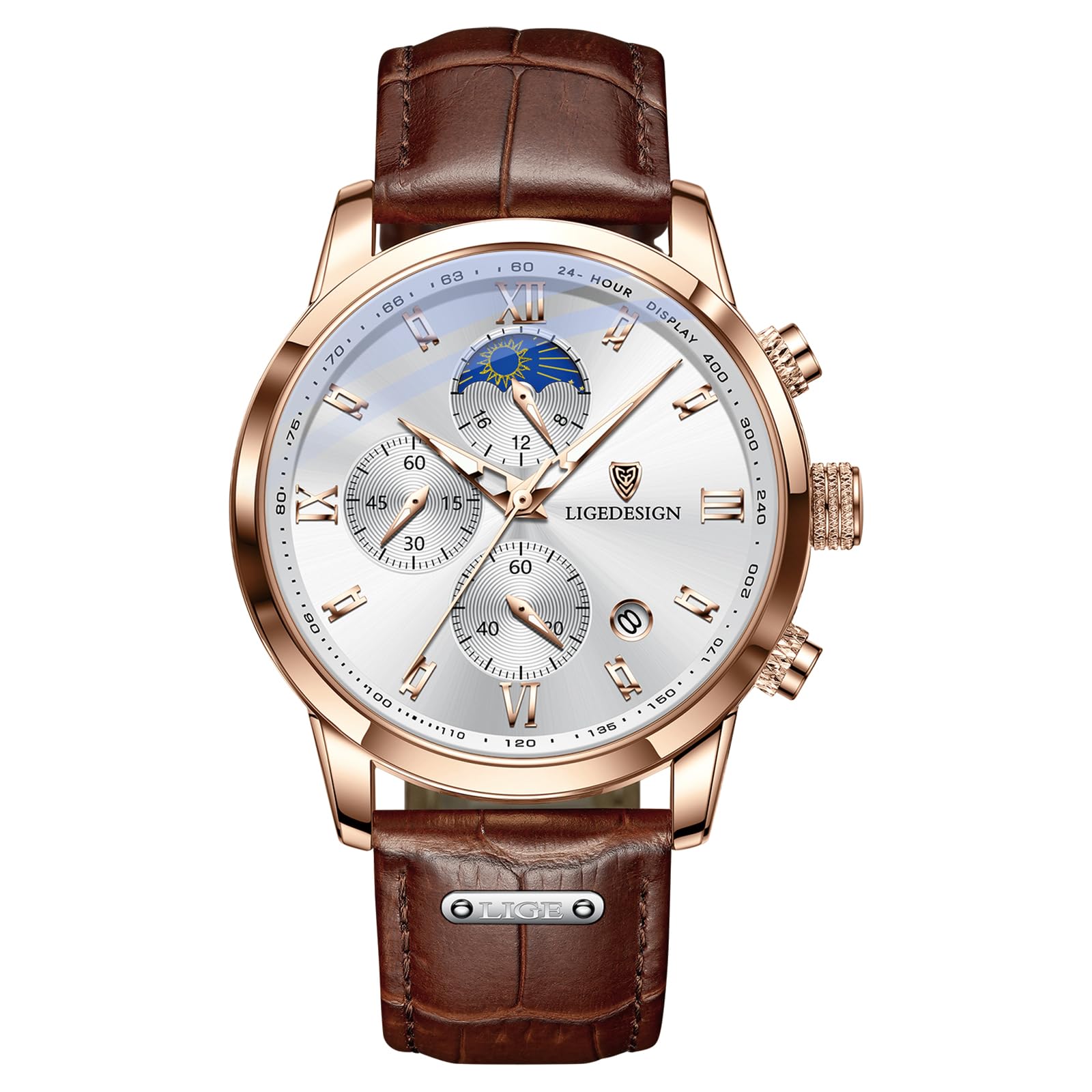 LIGE Montre Homme Etanche Cuir Montres Hommes Rétro Élégante Analogique à Quartz Chronographe Date Phase de Lune Aiguilles Luminescentes Vintage Waterproof Mens Watches,Or et Blanc