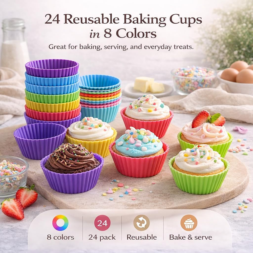 24-Pack Reusable Silicone Muffin Cups, Standard Cupcake Liners