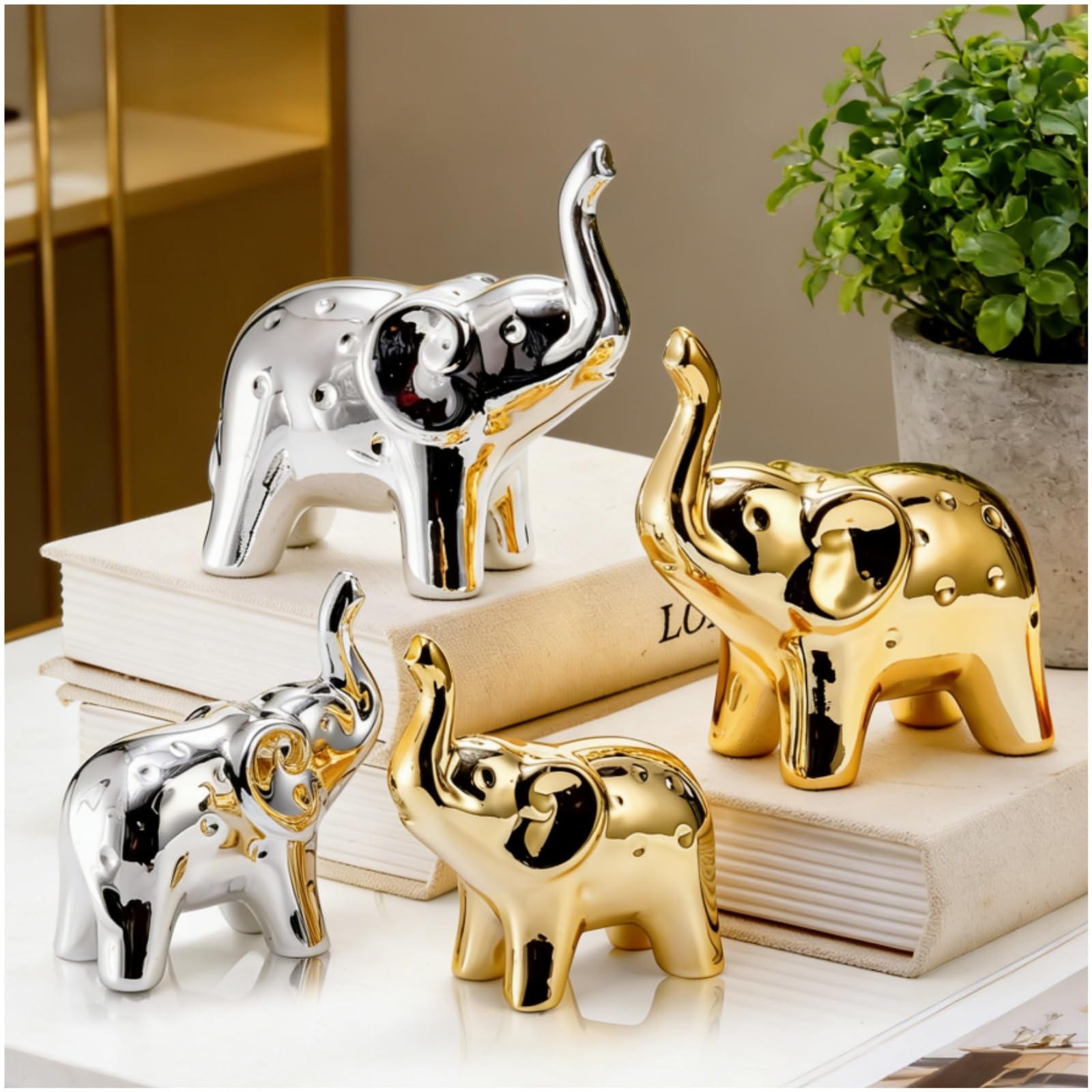 4 Pcs Elephant Statue Home Decor, Modern Style Ceramic Elephants Figurine, Cute Christmas Lucky Animal Sculpture Gift for Living Room Bookshelf Desktop Office (Gold & Silver)