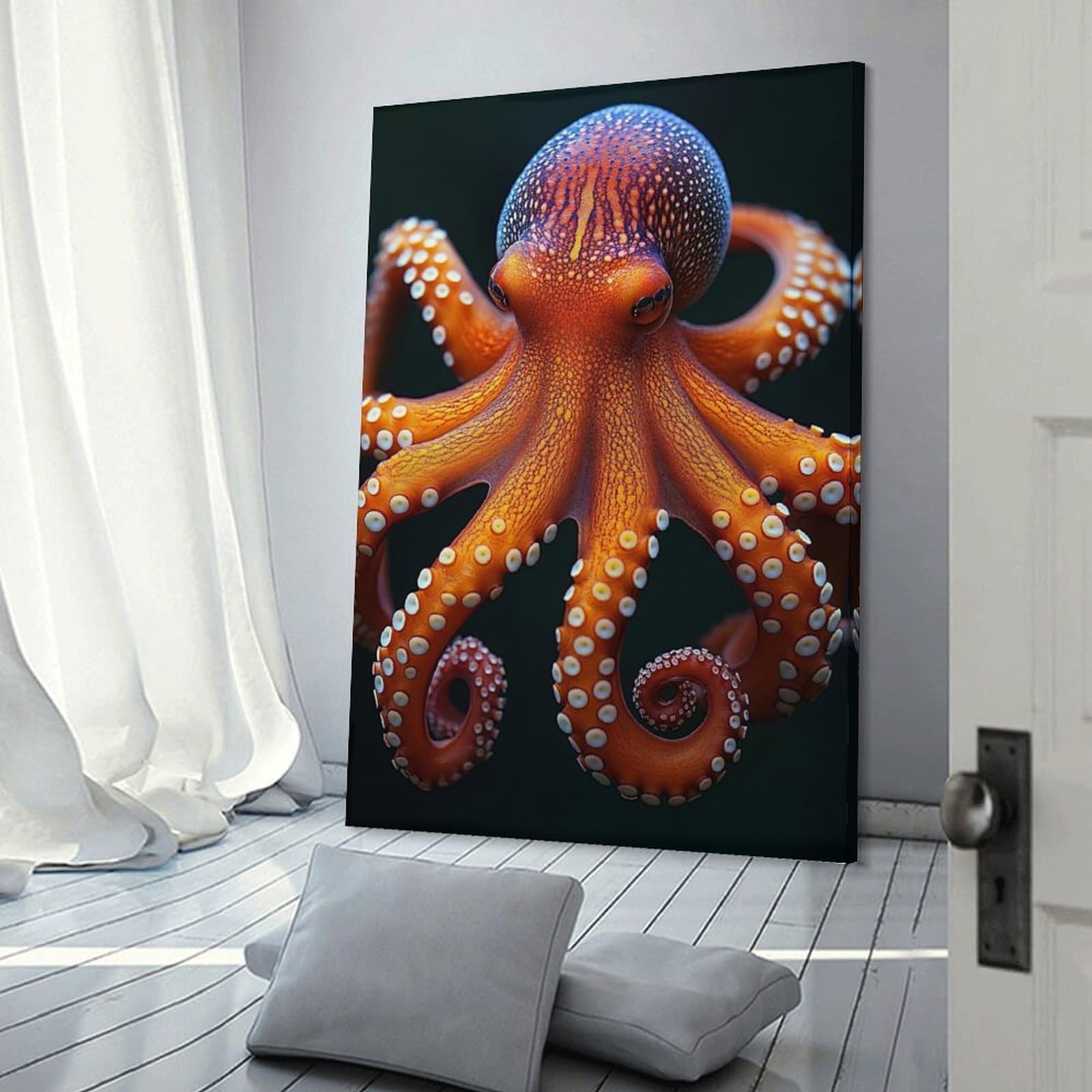 Junmoney Canvas Wall Art Detailed Orange Octopus Portrait, 24x36inch(60x90cm), for Corridors, Hallways Or Apartment Entries, Decorative Canvas Styling for Entry Areas