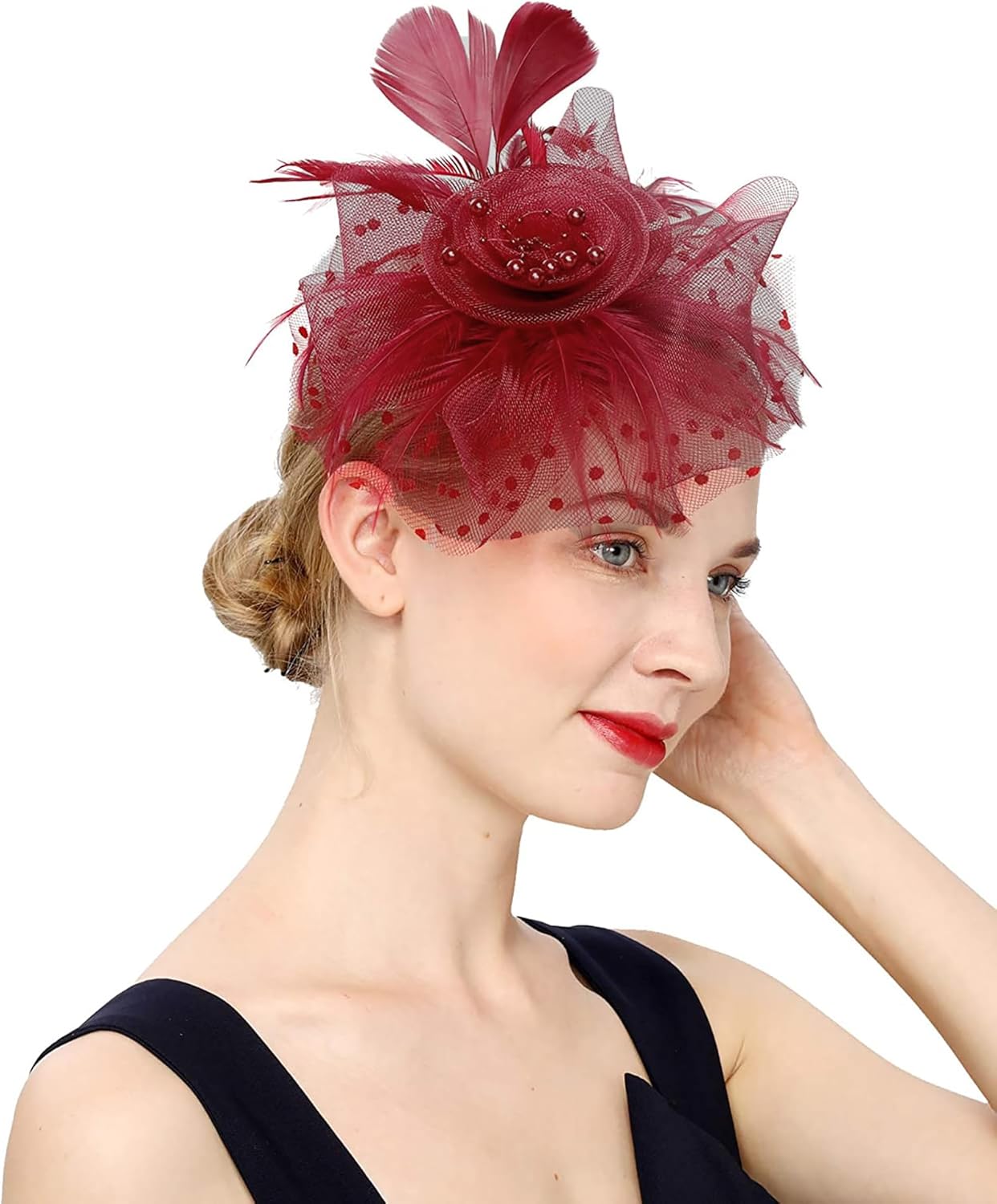 Women's 20s 50s Feather Mesh Pillbox Fascinator Hats for Women Wedding Tea Party Church with Headband and Clip - Image 2