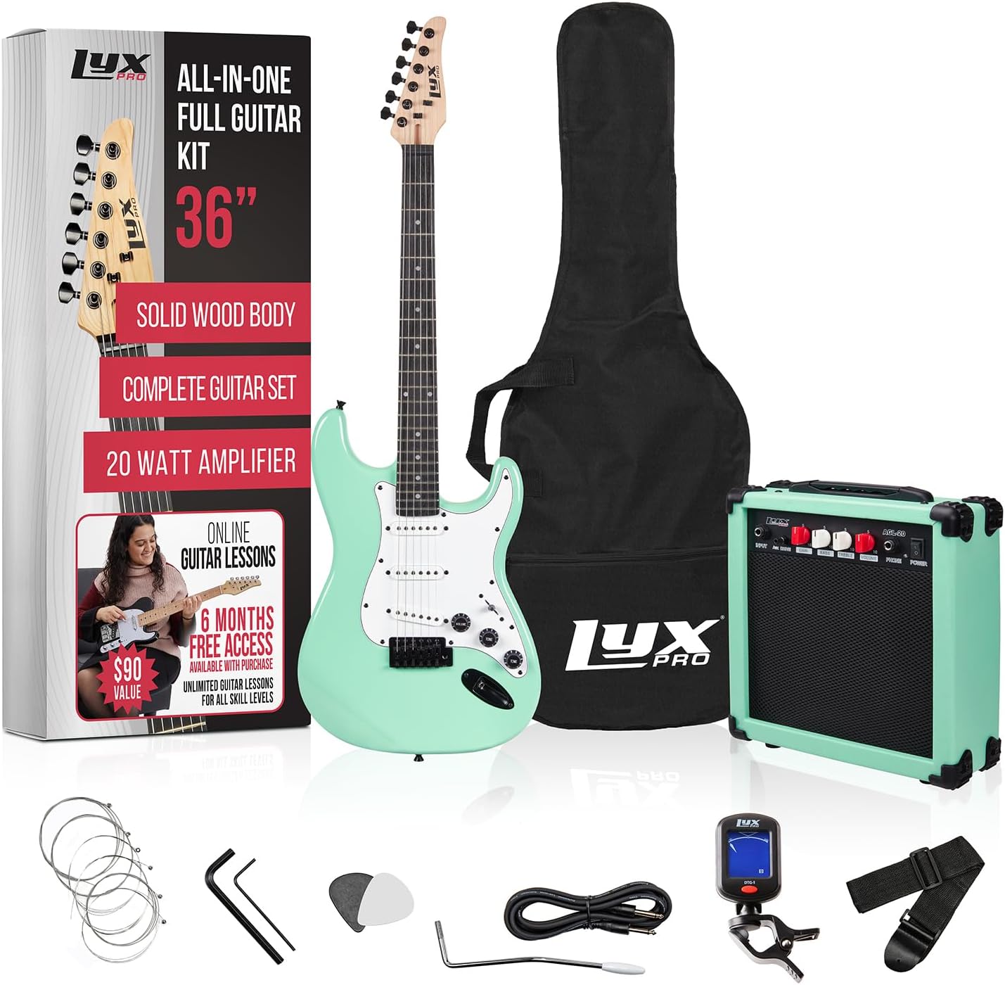 LyxPro 36 inch 3/4 size electric guitar kit for beginners (green)