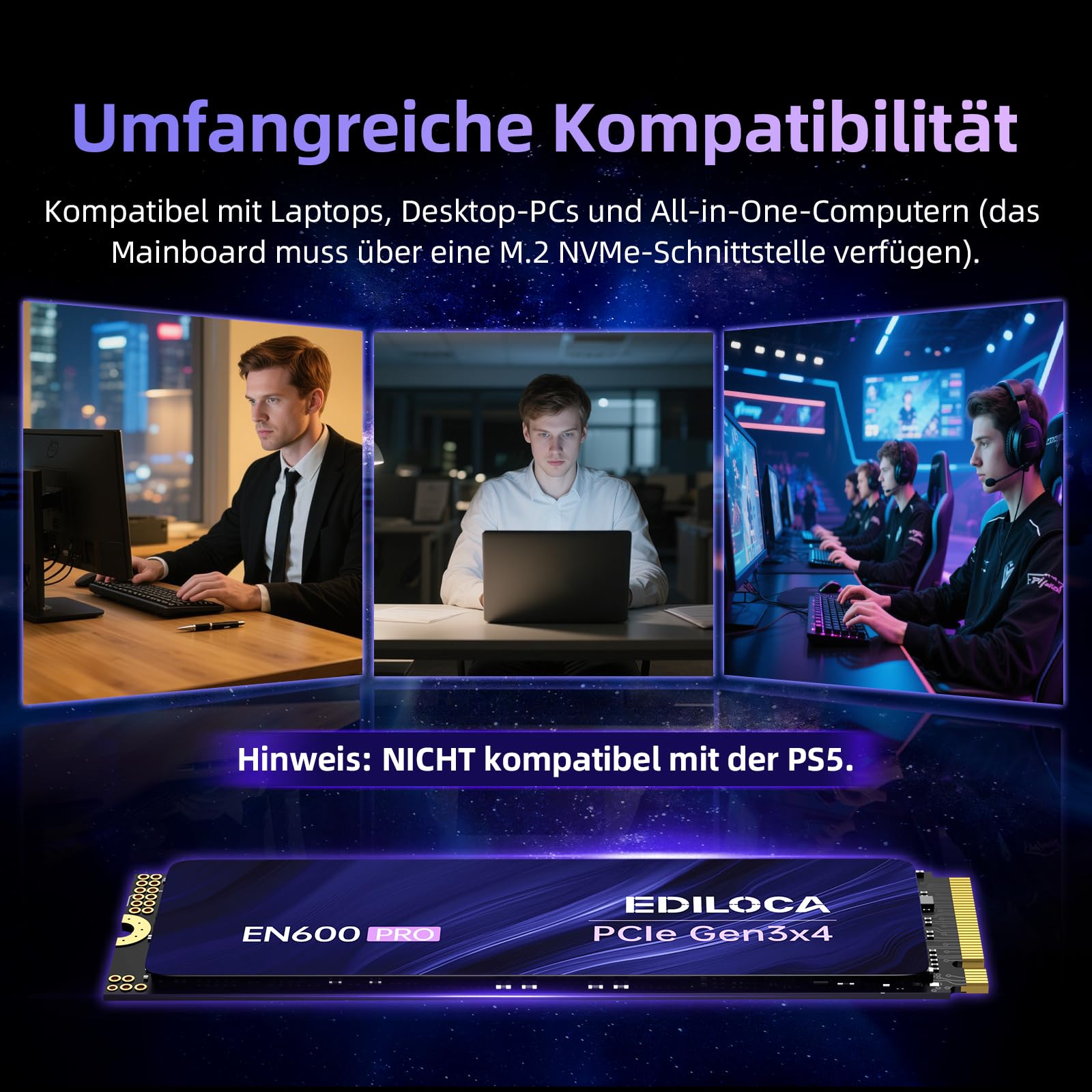 Ediloca EN600 PRO 256 GB Interne SSD PCIe Gen3, NVMe M.2 2280, SLC-Cache, 2800 MB/s Lesen, 2000 MB/s Schreiben, 3D NAND TLC, Internes Solid State Drive, kompatibel mit Desktops und Laptops