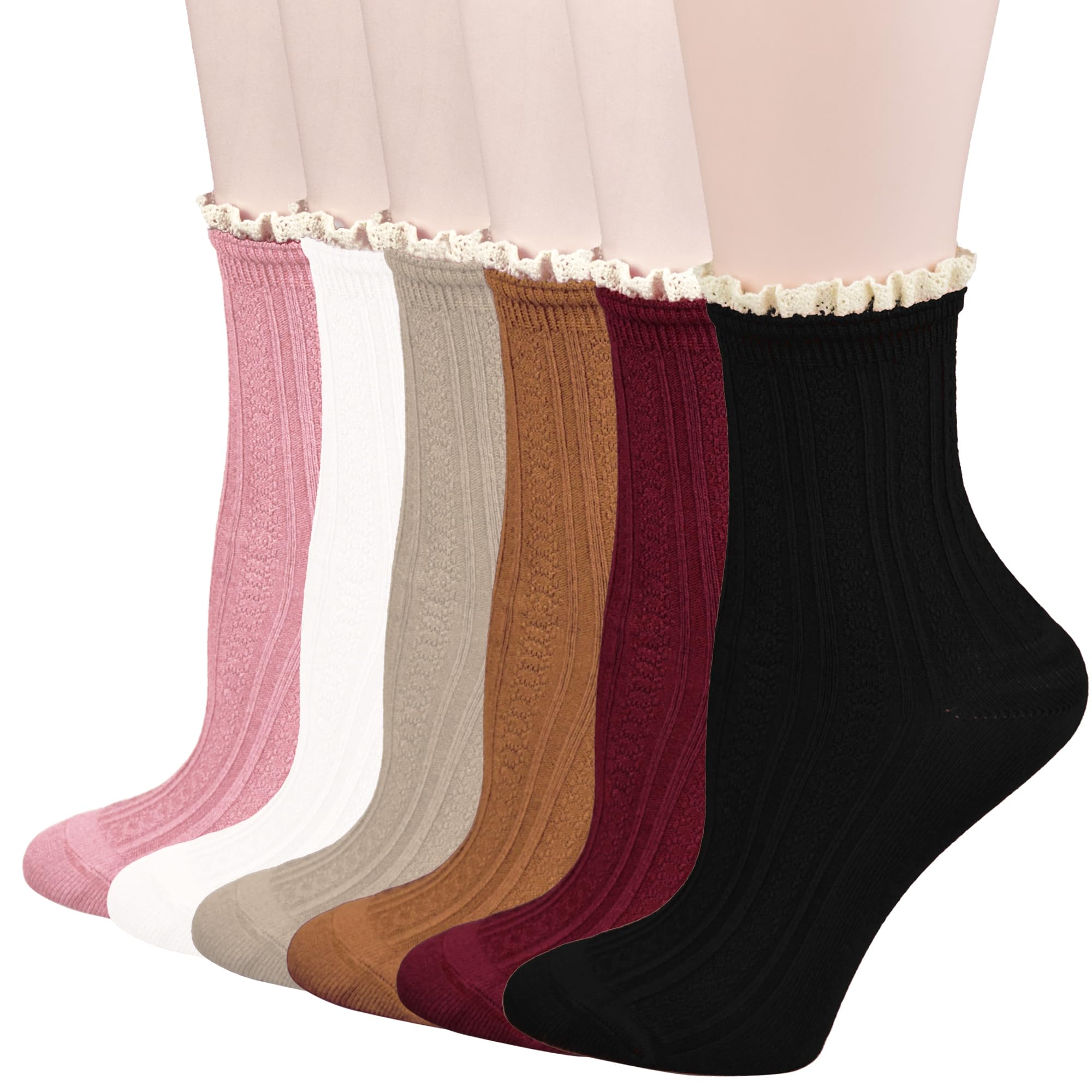 SWANONLANDCute Frilly Ankle Socks For Women Vintage Trim Socks 6 Pairs