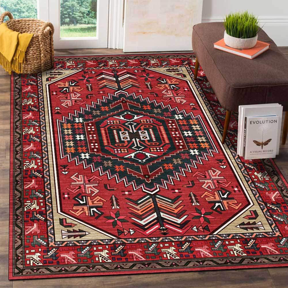Tapis abstrait métrique rouge fin : la solution lavable pour votre salon