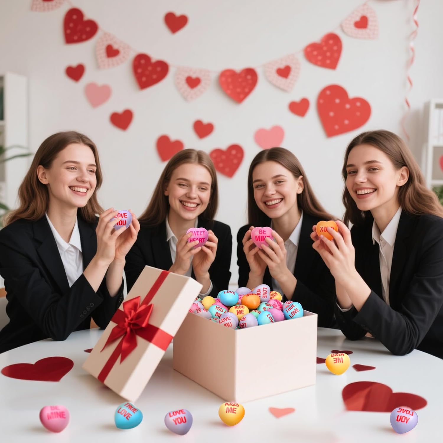 Liliful 100 Pcs Heart Stress Balls Valentines Gifts Fidget Toys Valentine's Day Conversation Candy Heart Relief Stress Squeeze Ball for Anxiety Relief Coworker Employee Gift Reward (Macaron)