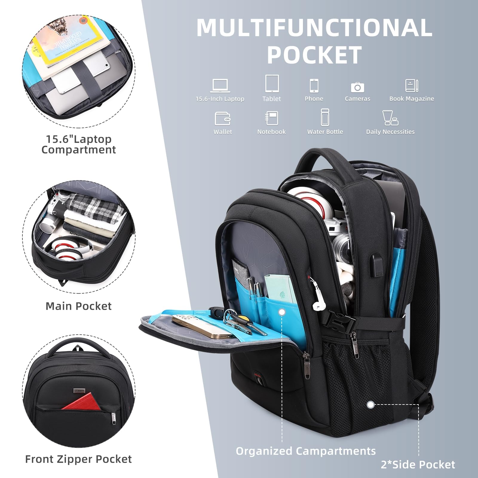 VINBAGGE Wasserdicht Anti Diebstahl Rucksack 15,6 Zoll Laptop Rucksack Herren Schulrucksack Großer Business Notebook Backpack für Arbeit Schule Reisen Männer Jungen - Schwarz