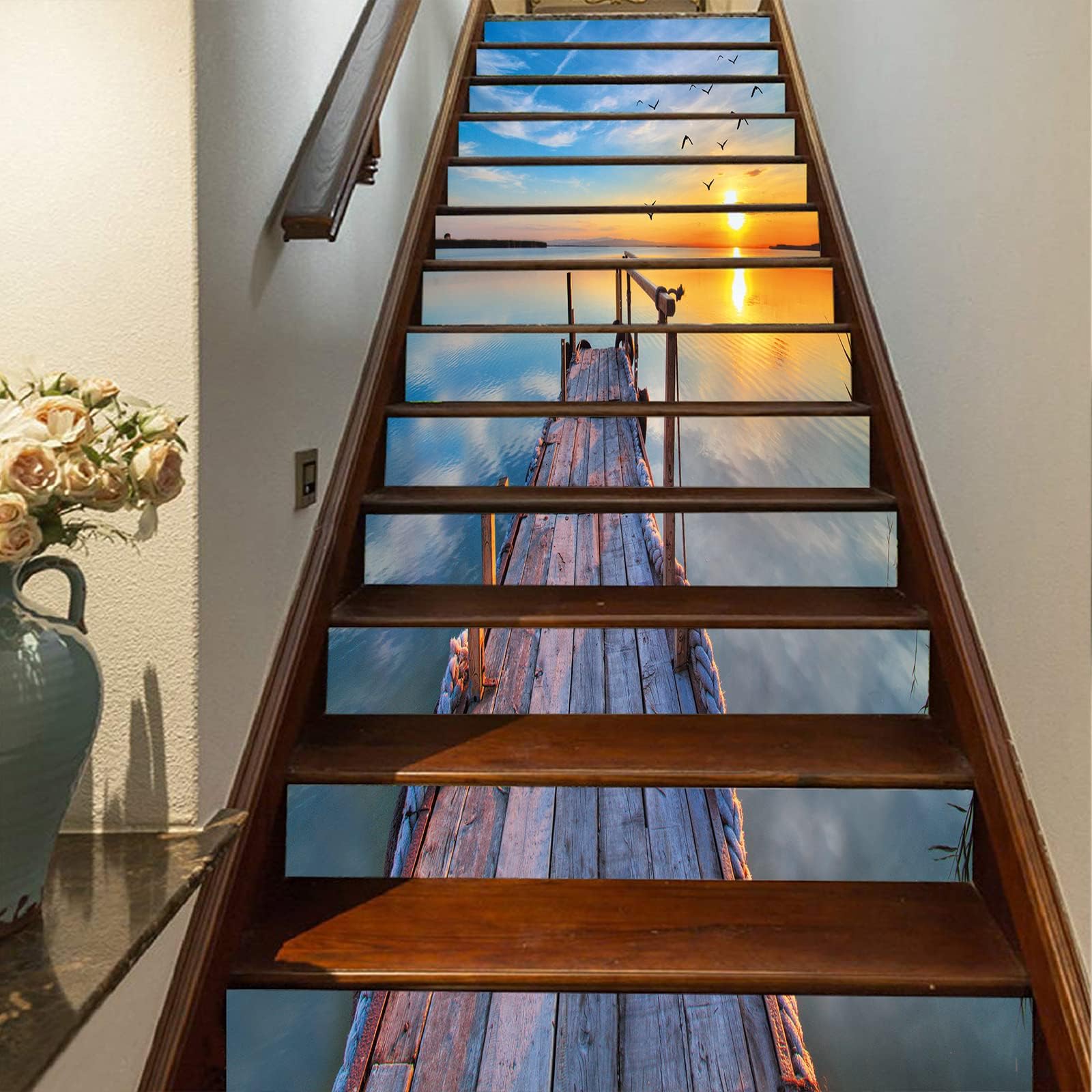 FLFK 13Pcs Stair Risers Stickers Peel and Sick 39.37"x7.08", Vinyl Staircase Stickers Decals, Sunset Wood Bridge Pier Mural Wallpaper for Stair Steps