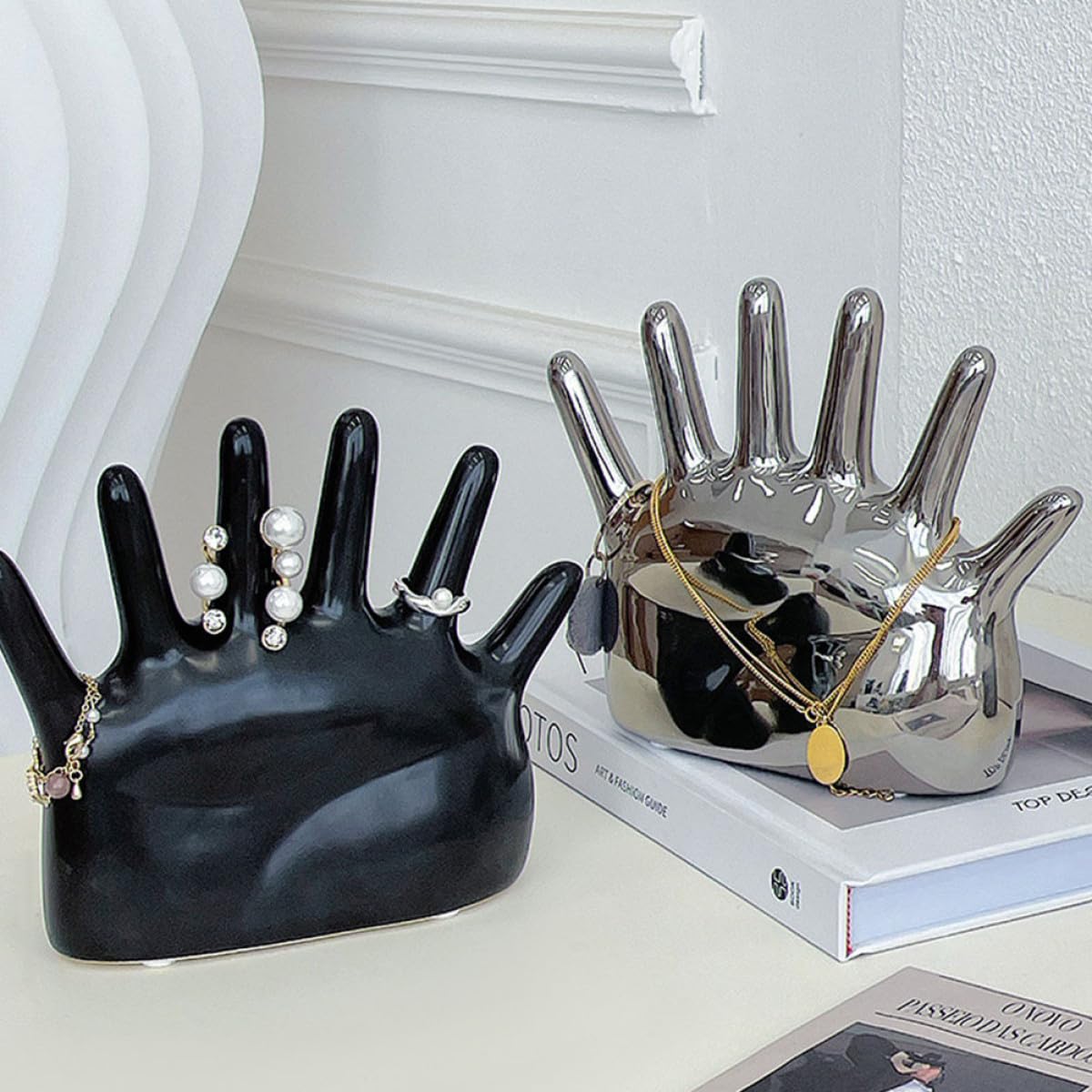 Alipis Ringhalter aus Keramik Handförmig Schwarz Schmuckorganizer für Ringe und Ketten Platzsparender Schmuckständer für Damen und Mädchen Dekorativer Ringständer und Fotoaccessoire