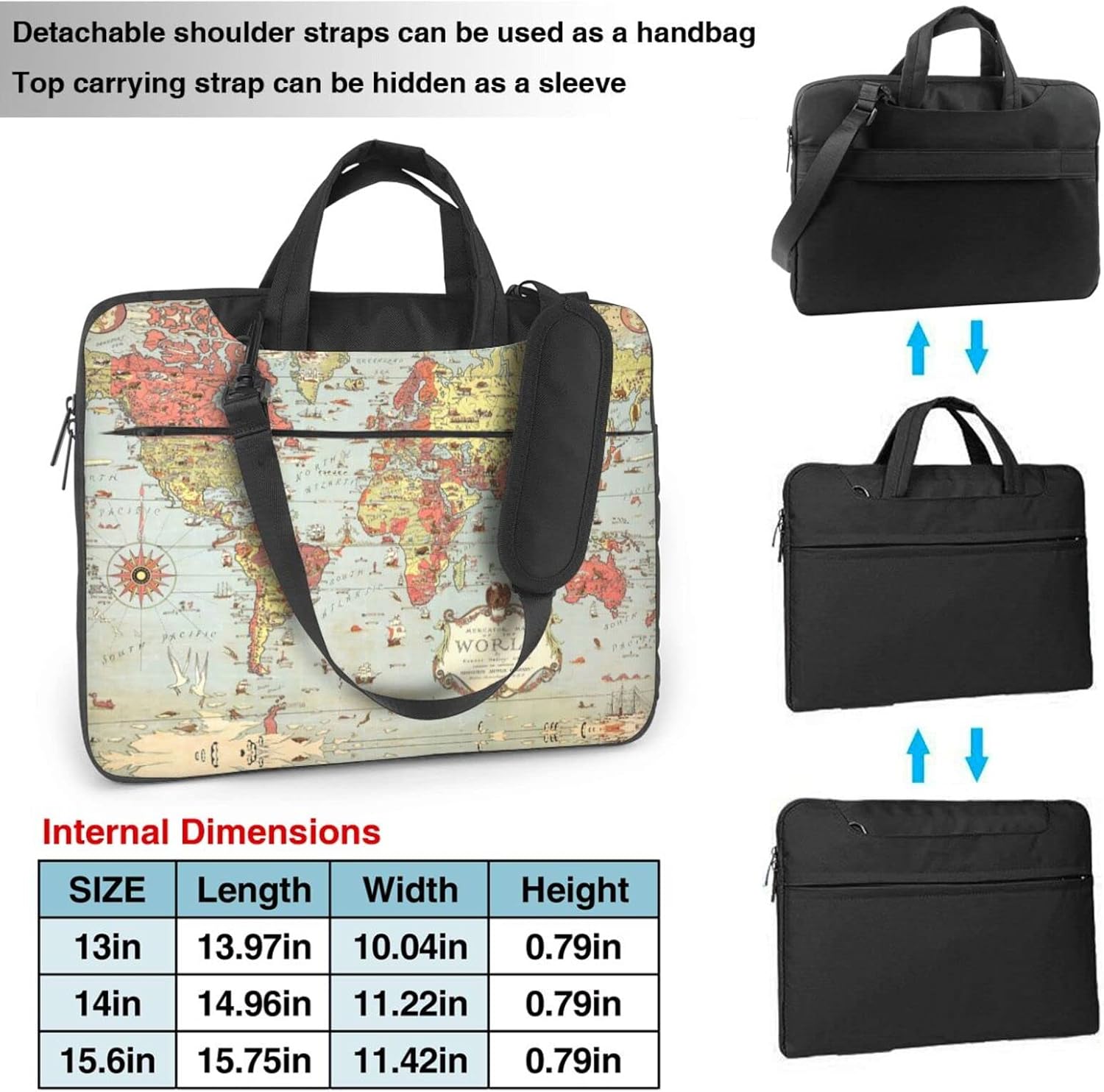 World Map Printed Laptop Bag Tote Shoulder Briefcase Messenger Bag For Unisex Business Office Work Bag