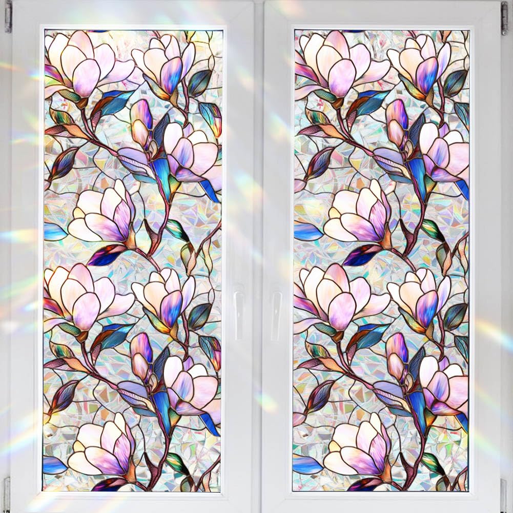 Static Cling Decorative Window Film Purple Kapok Window Privacy Film PVC Stained Glass Window Sticker Heat Blocking Windows Coverings for Bathroom Living Room Kitchen,43x100cm