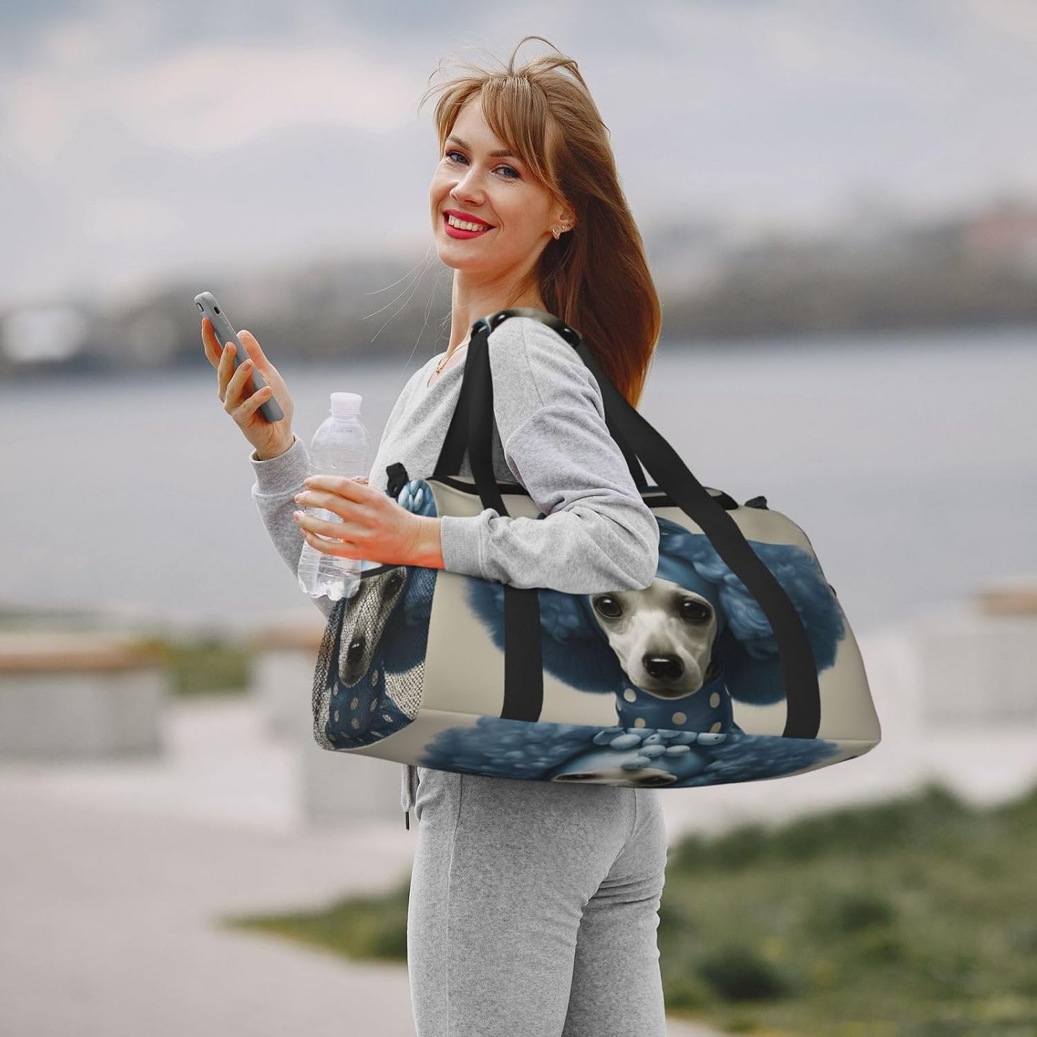 ブループードル 水玉プリント 毎日の必需品 大容量ハンドキャリーバッグ 週末の休暇スタイルバッグ用