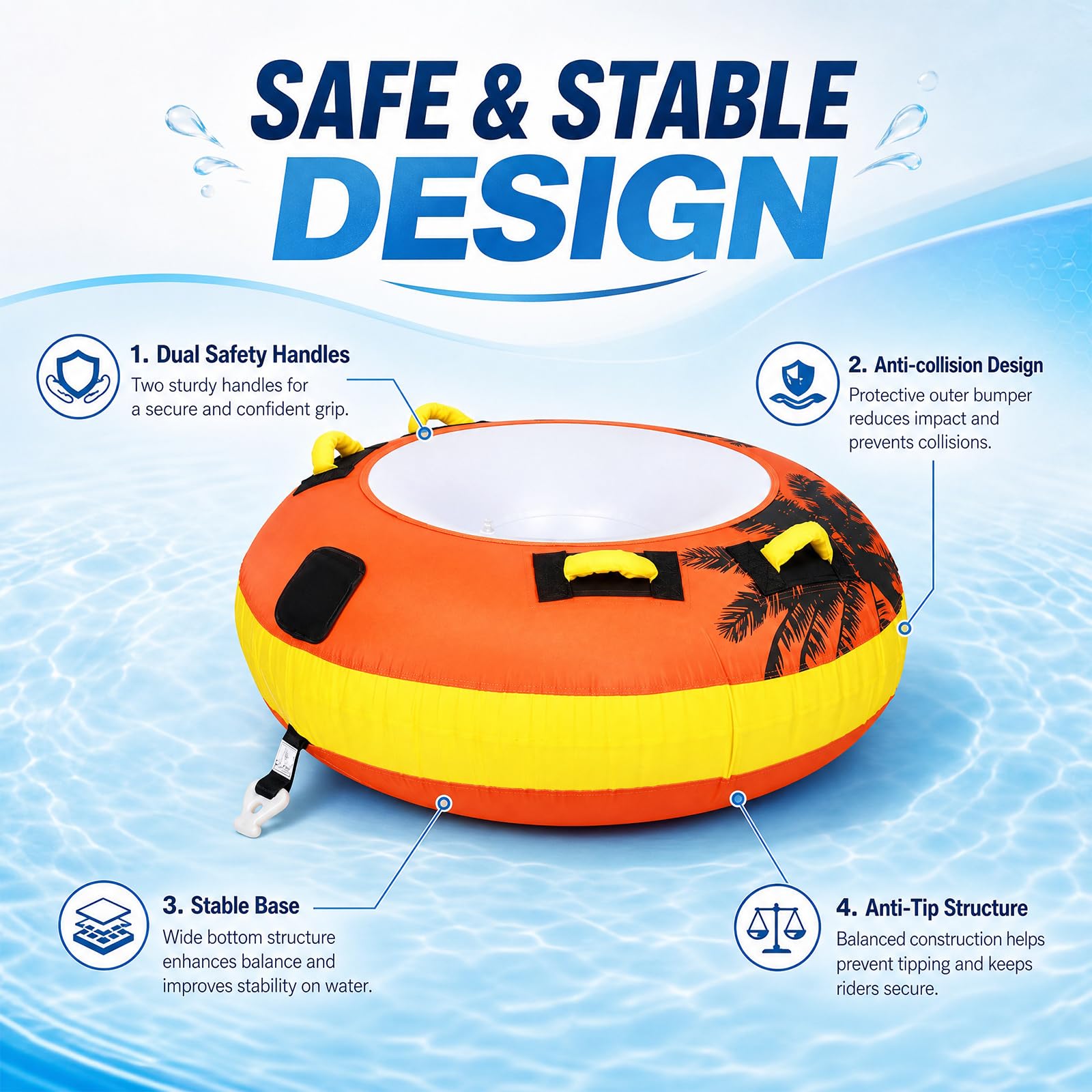 SMOOL Towable Tube für Boote für 1 Person,Donut Wasserreifen aufblasbar für Kinder & Erwachsene mit 4 Griffen und Zugseil,Wasser Schleppring für Boot & Jetski, Wasserreifen zum Ziehen,Wassersport-Spaß
