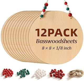 12 Pack 8 Inch Wood Circles for Crafts Unfinished Sheets with Holders,Circular Basswood Plywood for Painting, Door Hanger Blanks,Home Decor and DIY Crafts