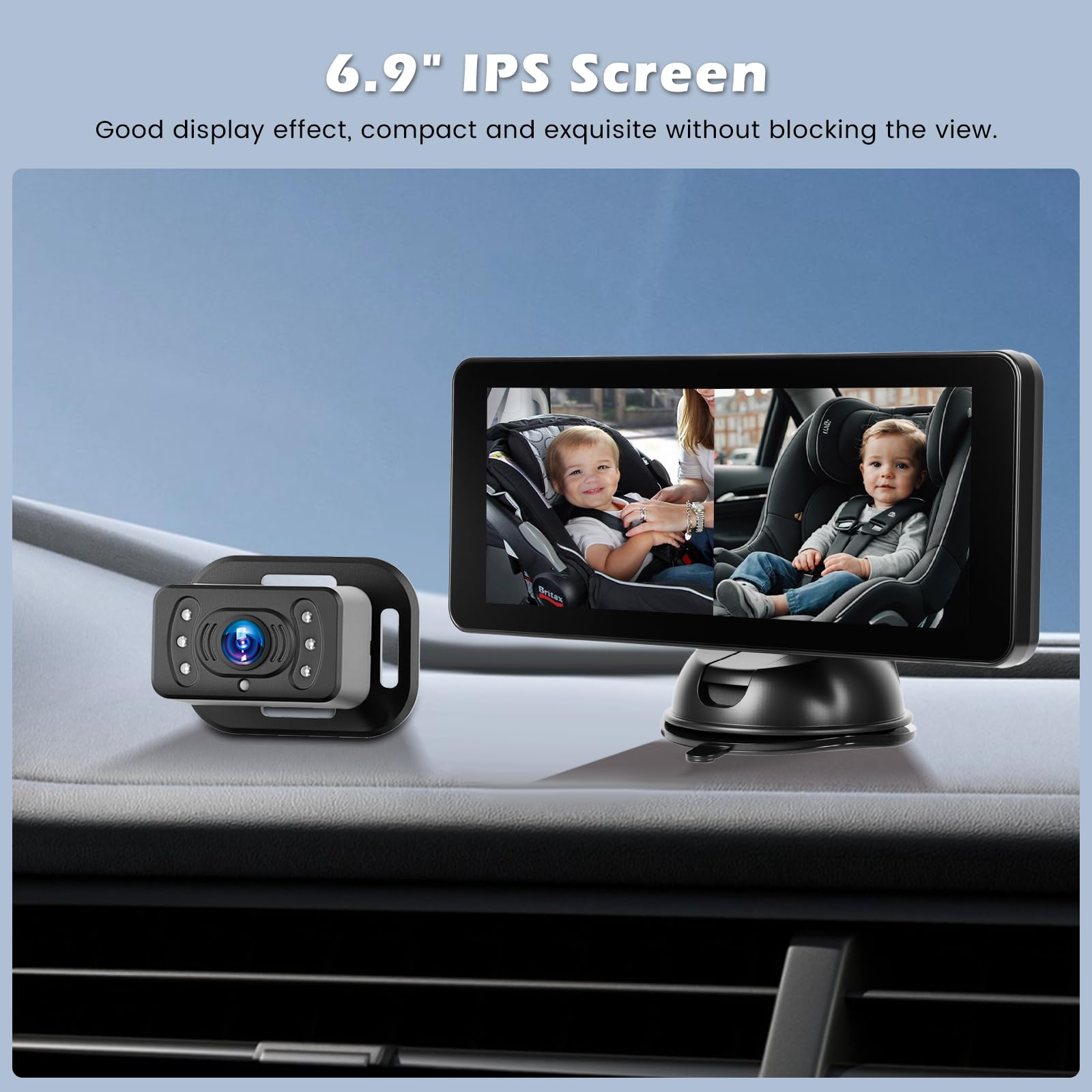 Caméra pour Siège Bébé: écran IPS HD Ultra-Large de 6,9" avec Deux Caméras Arrière - Fonction de Vision Nocturne et D'une Caméra Pivotante à 360° pour Surveiller Les Enfants et Les Animaux Domestiques