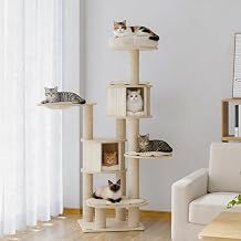 NUNU LAB 69 Modern Cat Tree for Large Cats, Wood Cat Tree Tower with Scratching Posts, Cozy Hammock, Multi-Level Cat Tree with Luxury Cat Condo and Removable Cushions