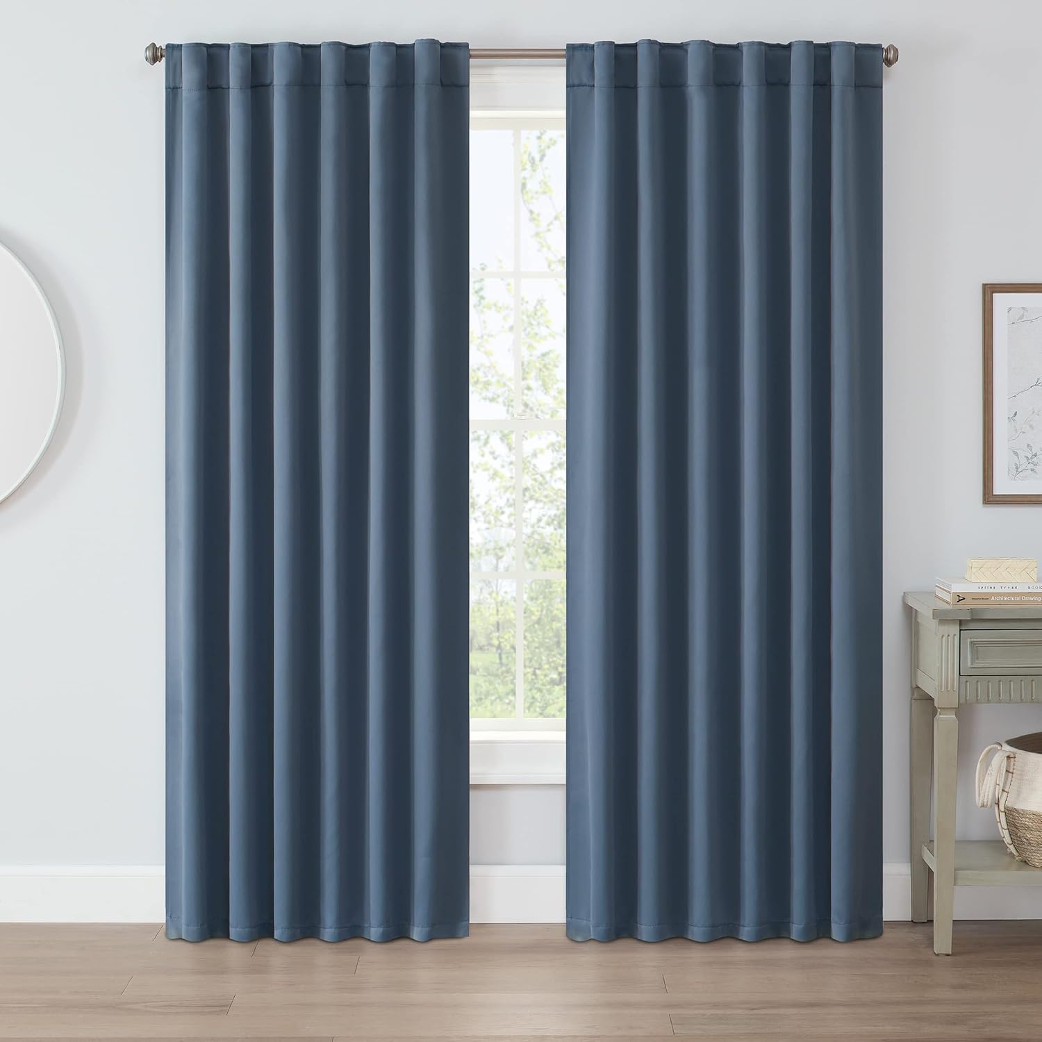 Eclipse Langley Solid Tripleweave Room Darkening Rod Pocket Window Curtains (2 Panels), 52 in x 84 in, Stone Blue