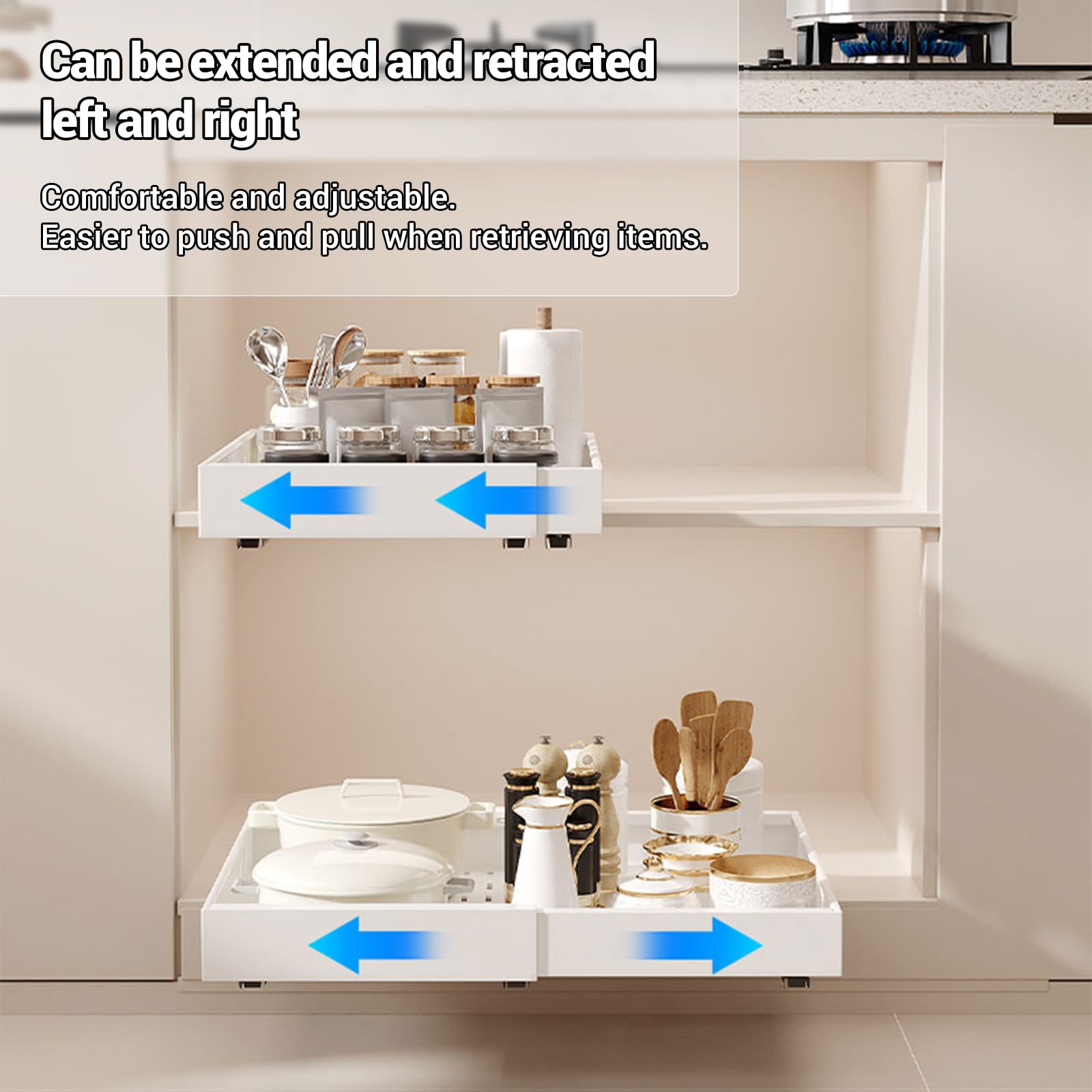 GarveeHome Lot de 2 Tiroirs Coulissants Extensibles en Acier au Carbone – Glissières à Billes Silencieuses, Antirouille, Sans Perçage – Réglable 32-52 cm – Pour Cuisine, Salle de Bain, Garde-Manger –
