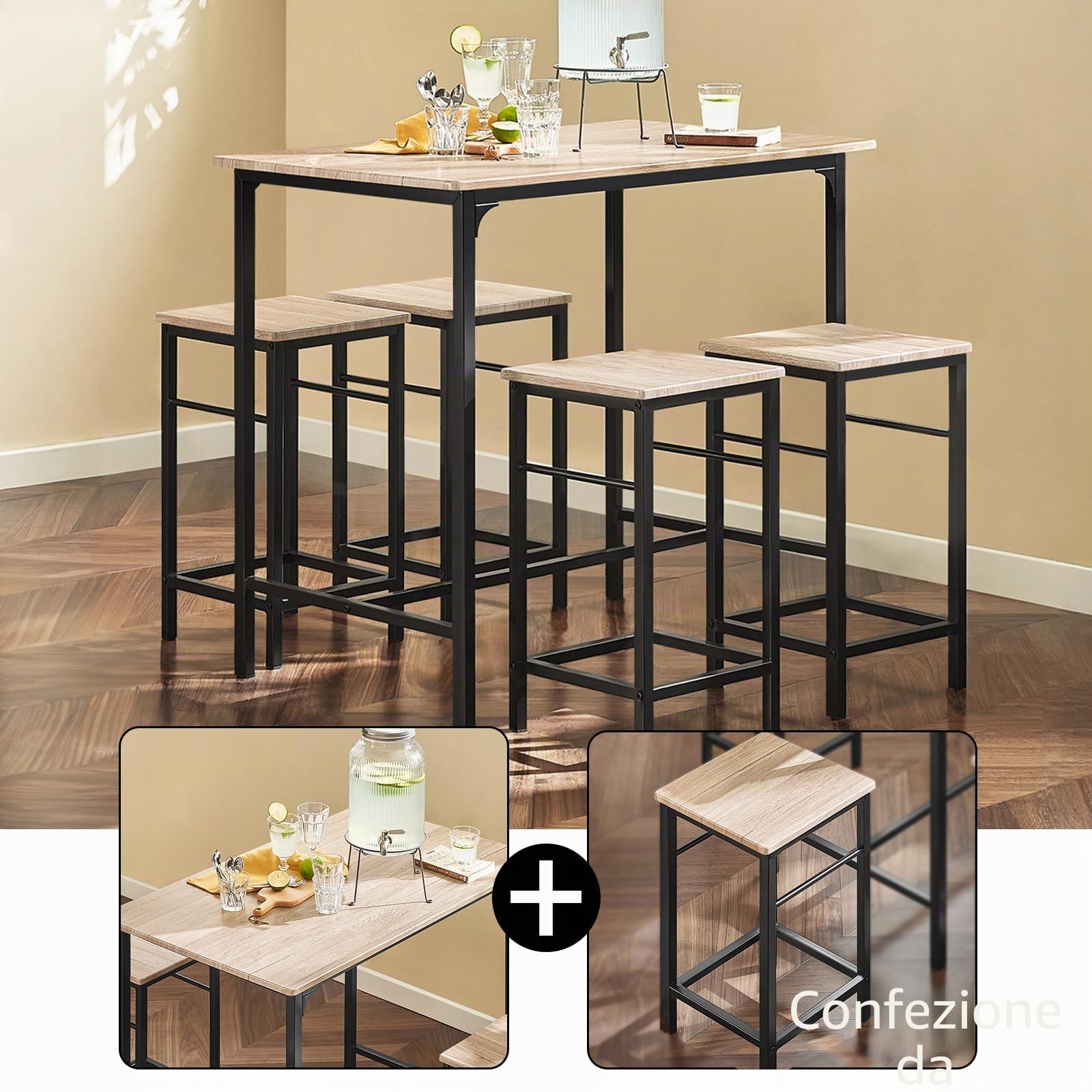 SoBuy tavolo alto con sgabelli, Tavolo da Bar con Sgabelli Salvaspazio 1 Tavolo + 4 Sedie per Cucina Piccola, Balcone Coperto e Bancone Bar da Casa, Stile Industriale, Nero 100x60x87 cm OGT11-N