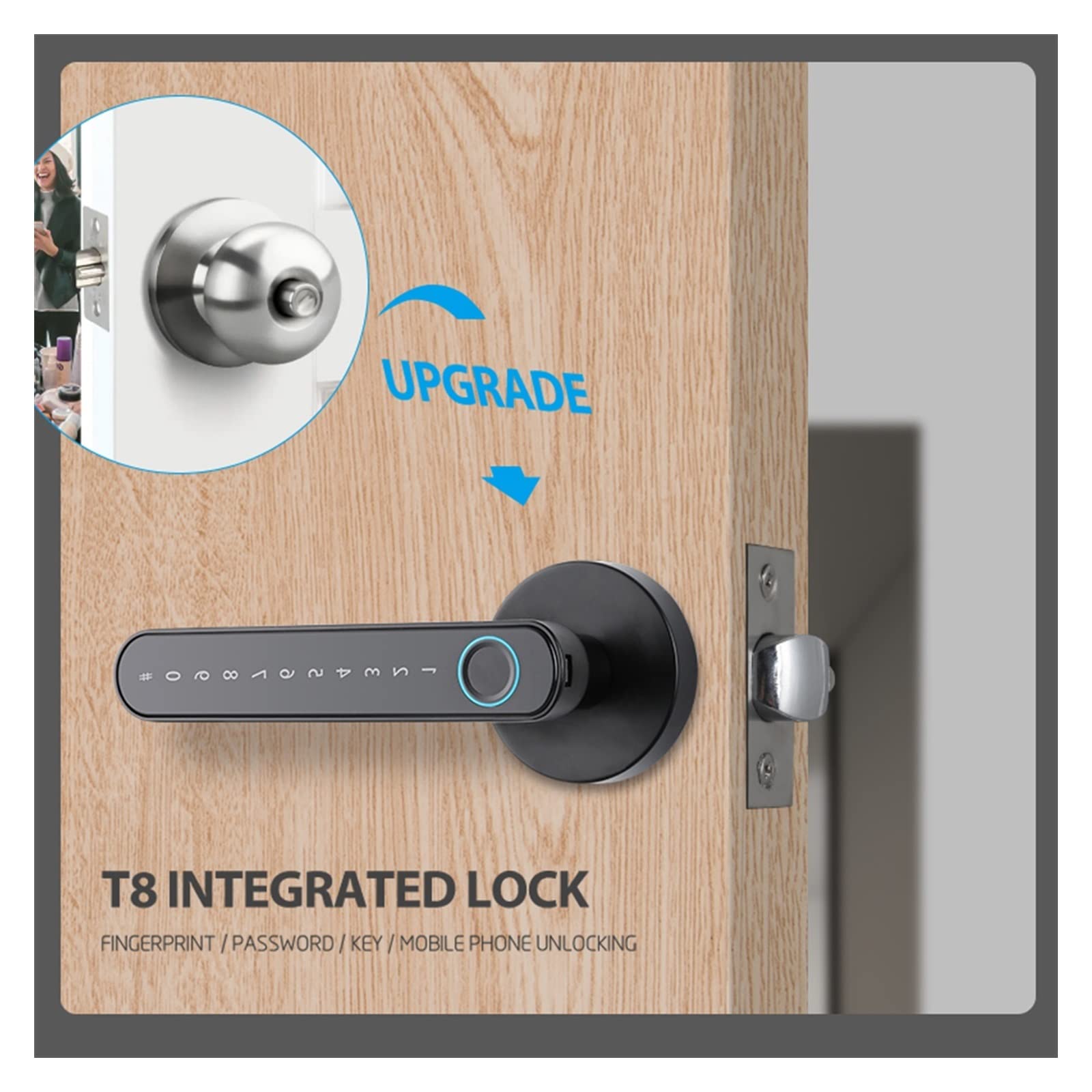 Cerradura Inteligente Para Puerta Con Huella Dactilar Y Manija Código | Acceso Sin Llave, Principal(Gray)