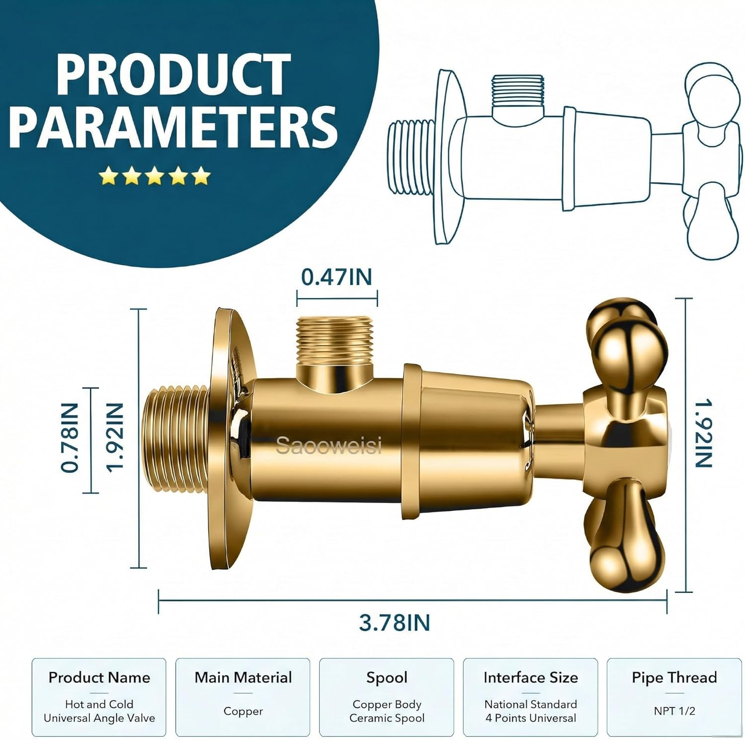 2-Pack Brass Angle Shut Off Valves, NPT 1/2 Inch Inlet x 3/8 Inch Outlet, Ceramic Cartridge, Thickened Body, Durable Water Stop Valves for Kitchen Bathroom Faucets Toilets Hot Cold Pipes (Gold)