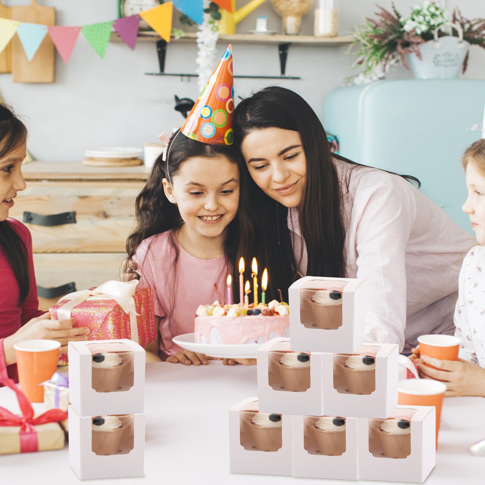 Acrux7 100 scatole singole per cupcake da 8,9 cm, in carta kraft bianca, con coperchio e inserti per muffin, bomba al cacao, festa della mamma, matrimoni, compleanni