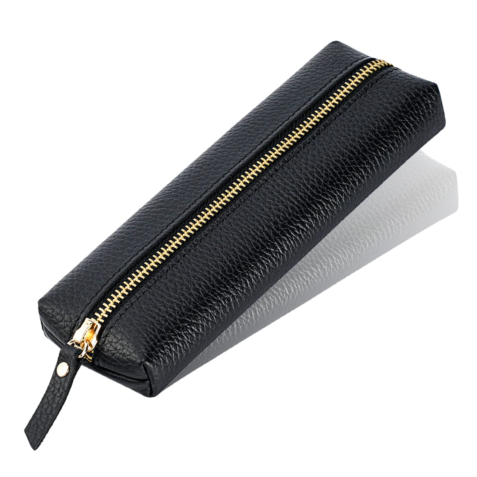 Genuine leather pen case, Cowhide pencil pouch with zipper, Soft black pen bag for adults.