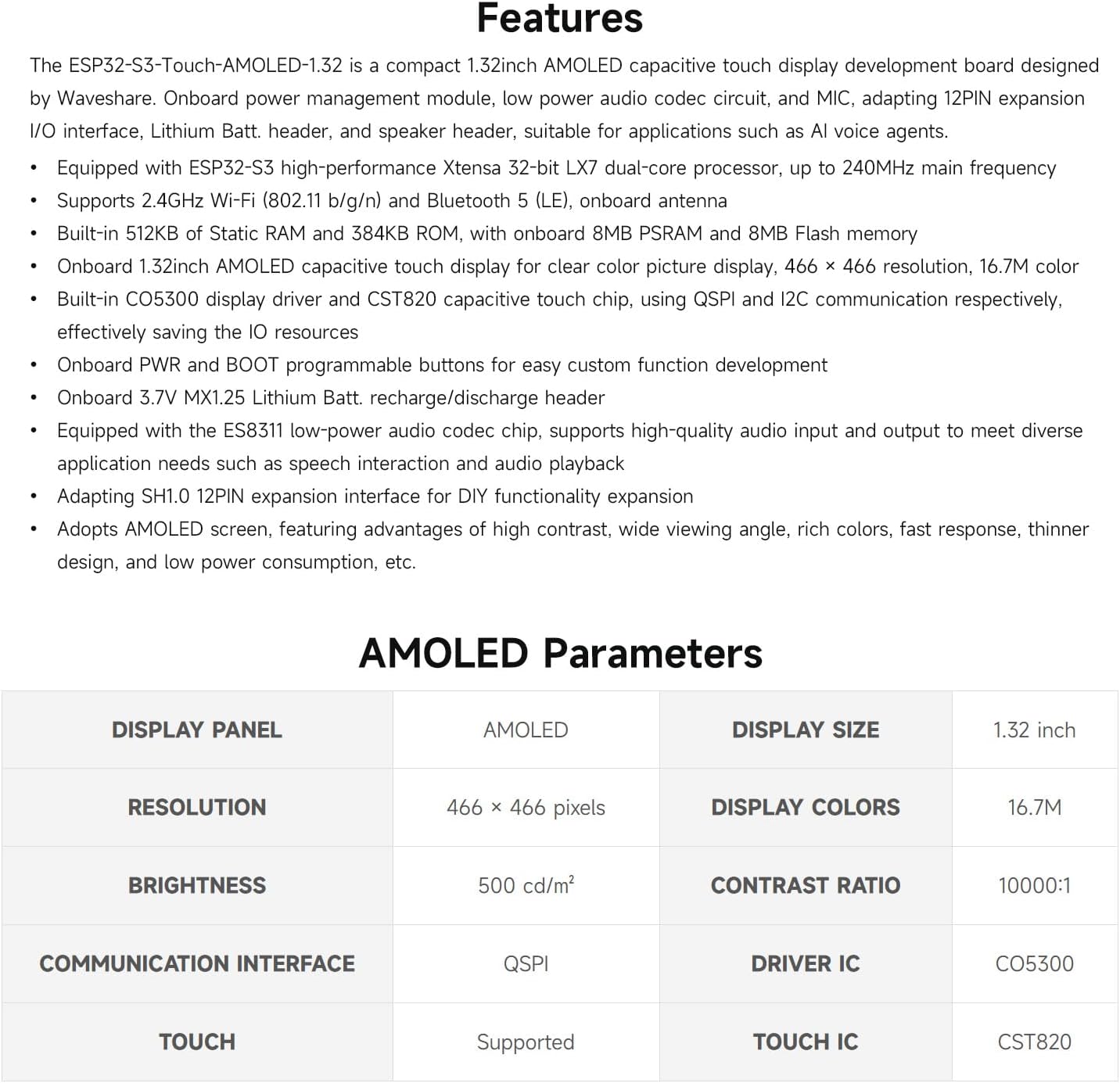 Waveshare ESP32-S3 1.32inch AMOLED Round Touch Display Development Board, 466×466 Pixels, QSPI Interface, Supports Wi-Fi and BT 5
