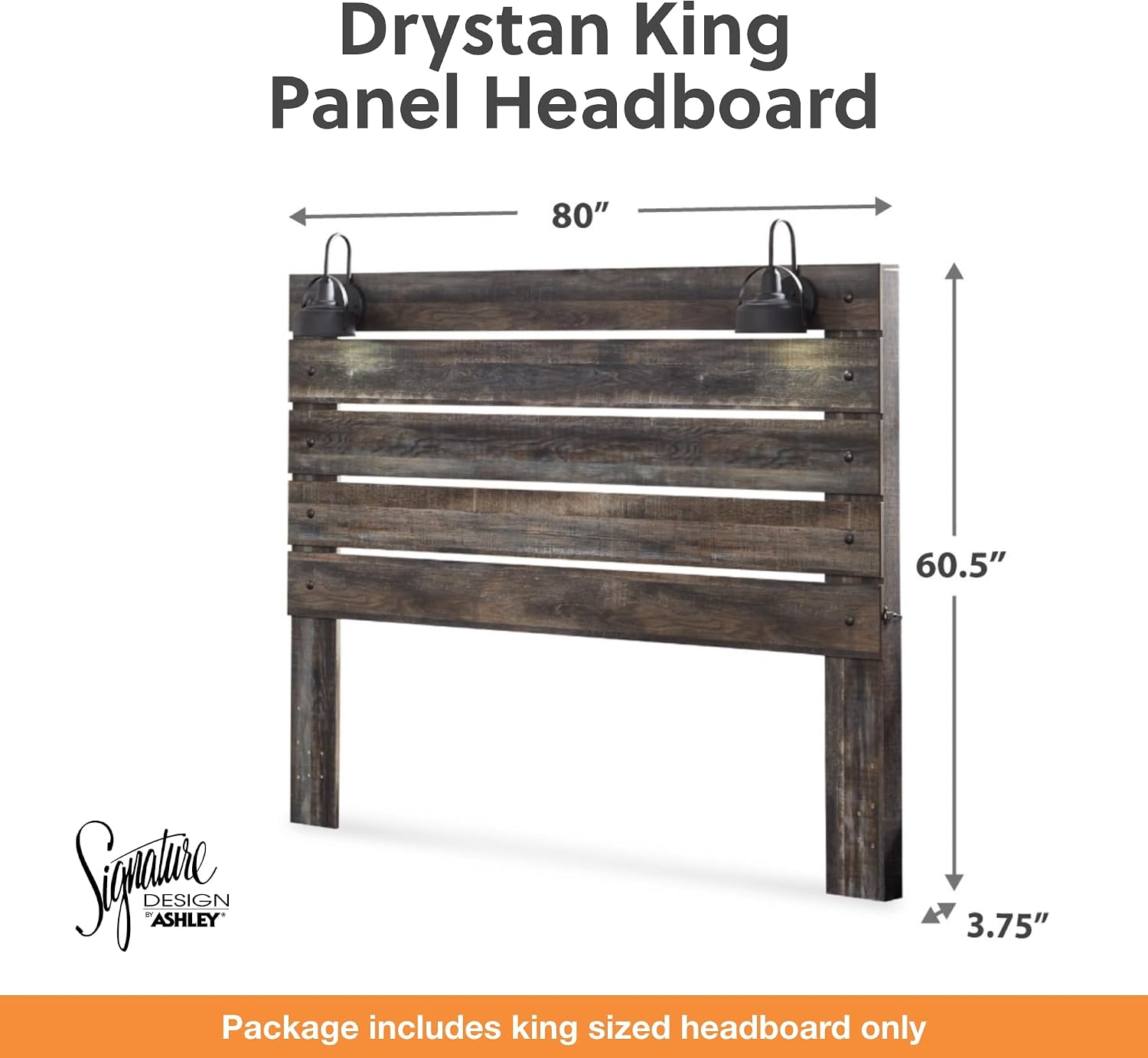 Signature Design by Ashley Drystan King Panel Headboard, Brown | Engineered wood laminate, Built-in LED sconces, Dual USB charging ports, Rustic industrial style