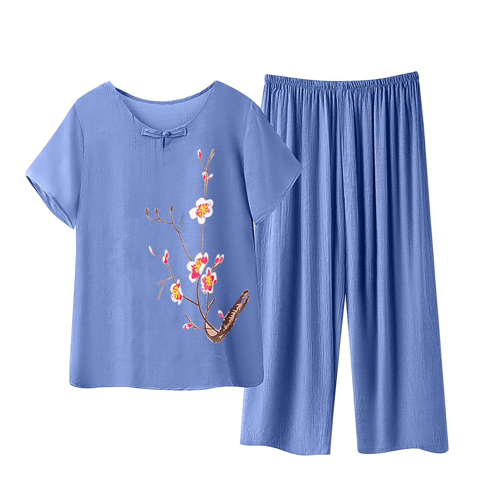 SYDUZAX Ensemble Sport Femme 2 Pieces Été Ensemble de Pyjama Femme Grande Taille Léger Respirant Haut et Short Décontracté Costume Manches Courtes Vêtements de Nuit Féminins Couleur Unie