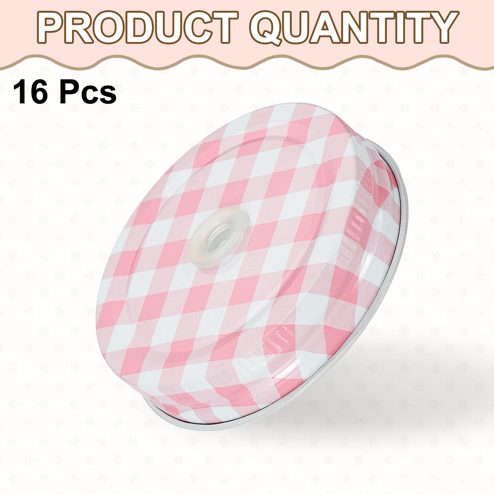 QUARKZMAN 16Pcs Coperchi per Barattoli Mason 70Mm in Latta A Bocca Standard con Foro per Cannuccia Riutilizzabili per Bottiglie di Conservazione Bottiglie d'Acqua E Barattoli Gingham Rosa