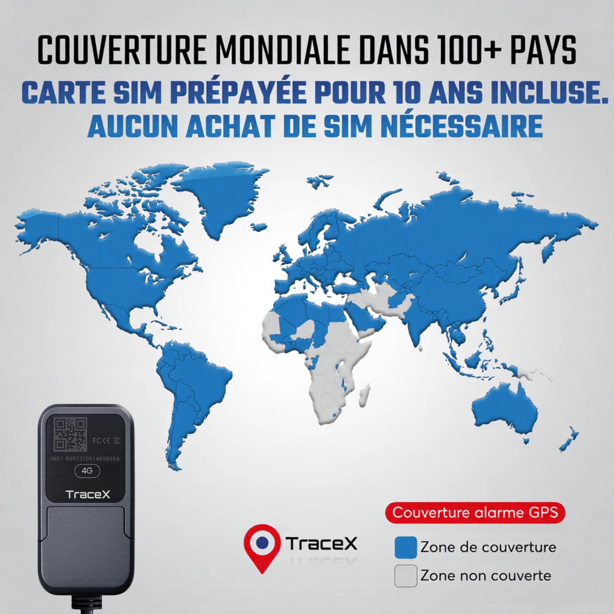 Traceur GPS sans abonnement mensuel – Pas besoin de recharge – Application et abonnement 10 ans inclus – Tracker GPS voitures, motos, camping-car, vans – Suivi en temps réel, alertes de mouvement
