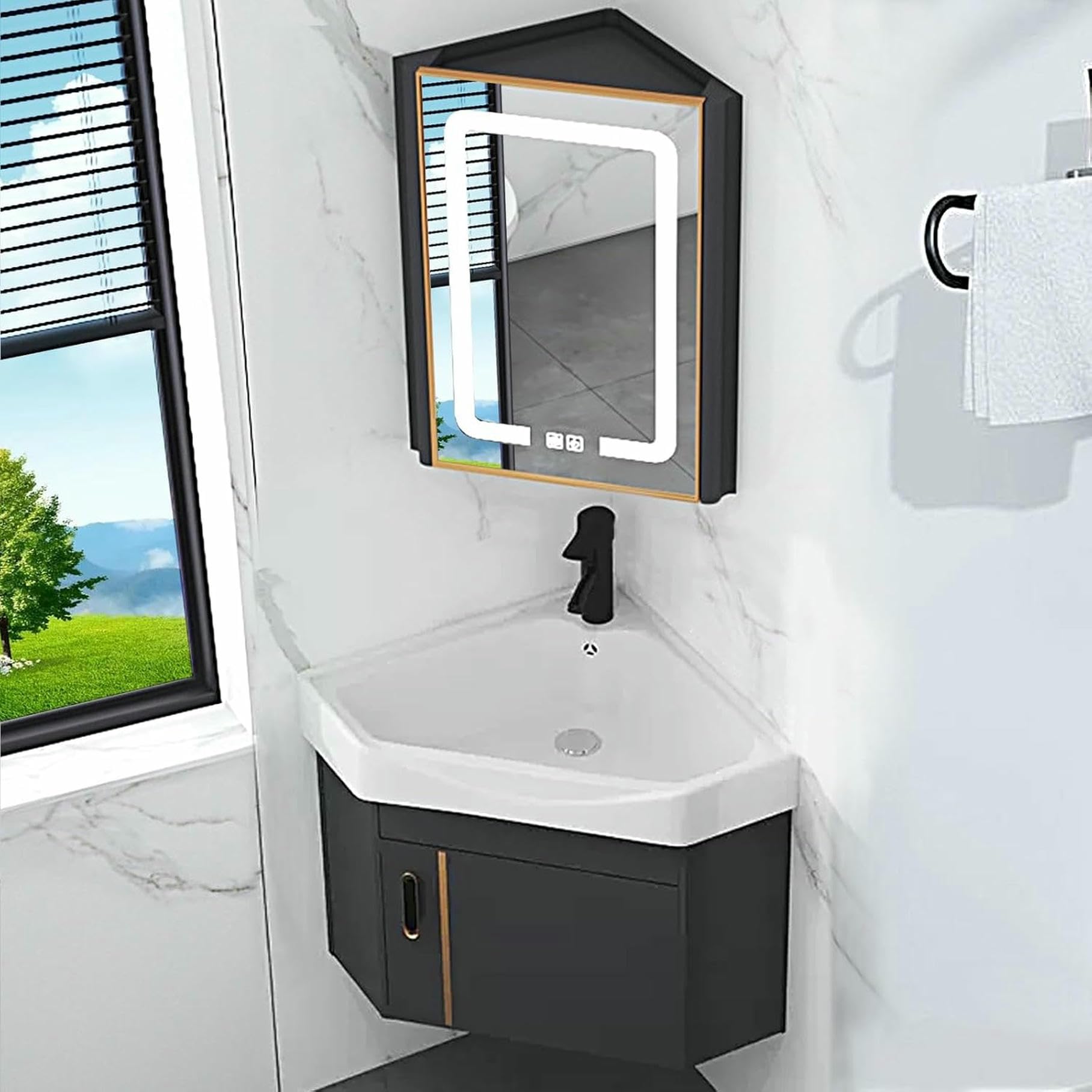 GLJTUO ct Corner Bathroom Vanity Set with Ceramic Sink & Mirror Wall-Mounted Design for Small Spaces Ideal for Limited Bathrooms,size_name-38cm/15in