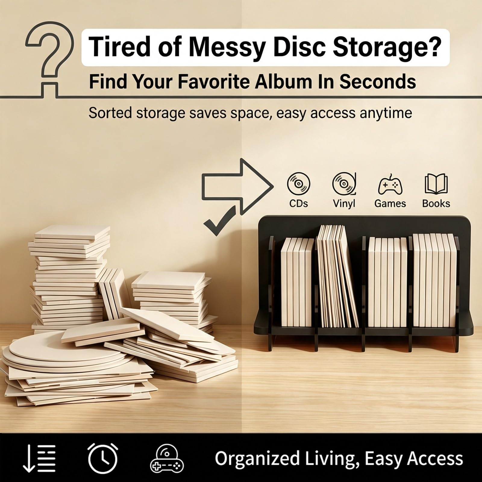 Estantería CD Vinilos 4 Compartimentos Organizador Mesa Librería Baja. | Estantería Madera Organizador Discos con Separadores Acrílicos Estante Multimedia Dormitorio.(Black)