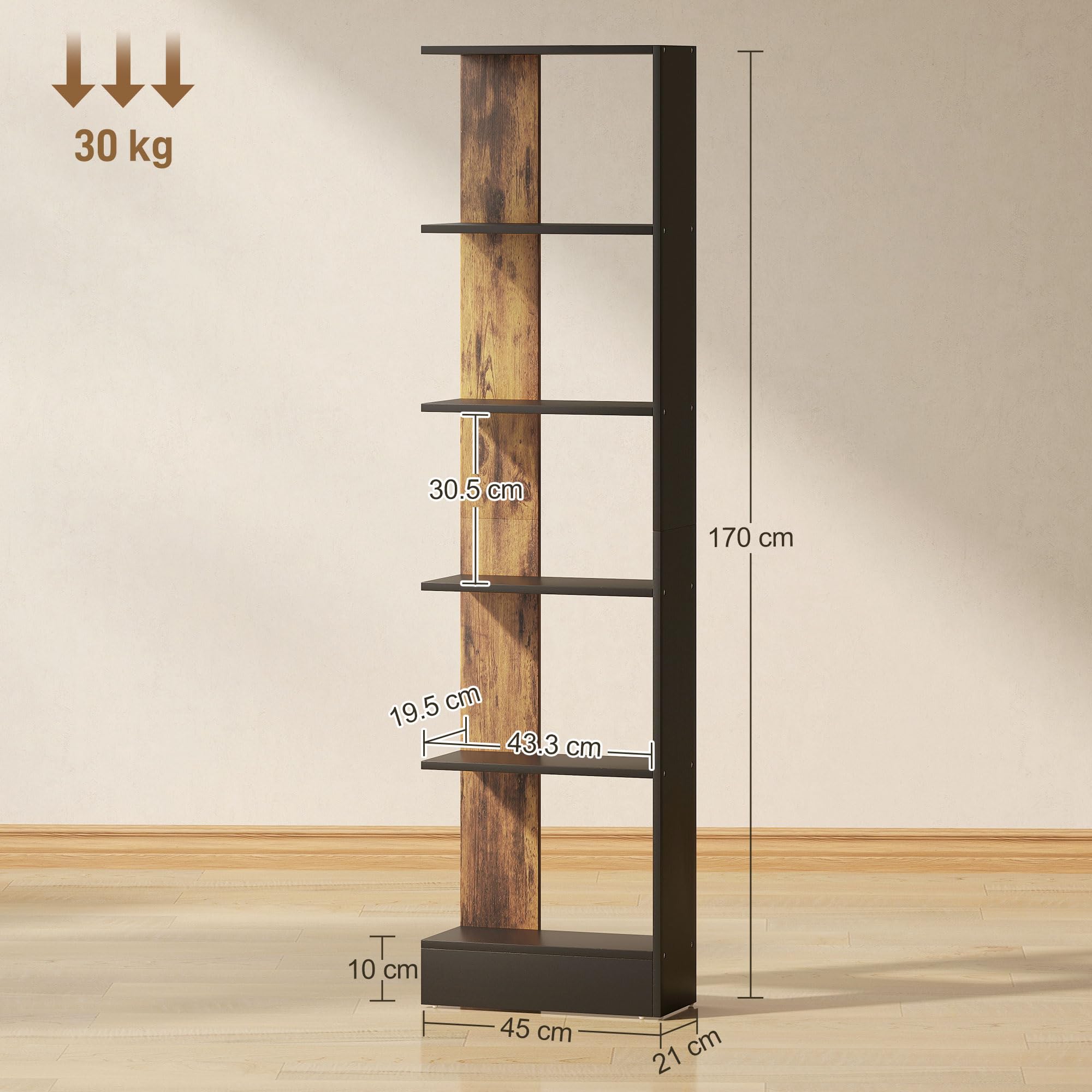 HOMCOM Mobiletto Scaffale Stretto a 5 Ripiani, Scaffale Portaoggetti Salvaspazio Moderno in Legno, Libreria per Bagno, Soggiorno, Camera da Letto, Studio e Ufficio, 45x21x170 cm, Marrone Rustico