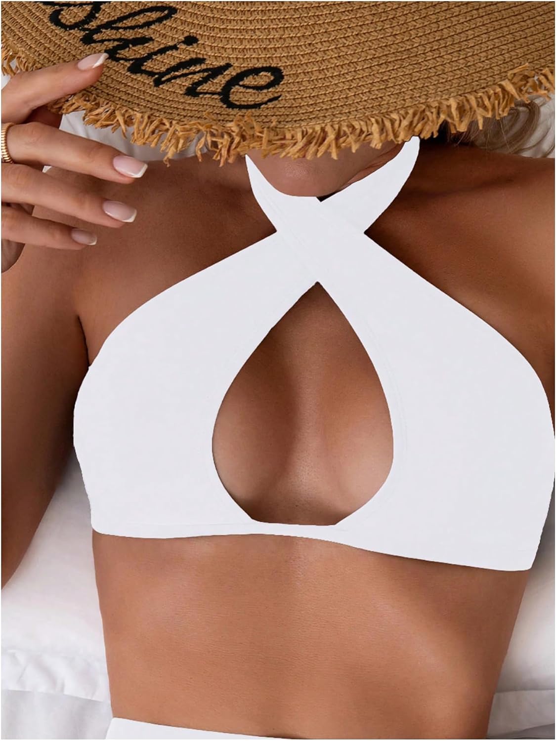 MakeMeChic Women's Halter Bikini Tops Criss Cross Cut Out Tie Backless Summer Swim Top - Image 2