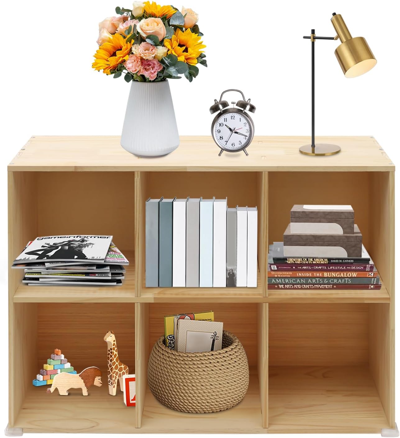 6-Cube Solid Wood Bookcase, 11.8" Each Compartment Wooden Shelves Storage Organizer, Modern Floor Bookshelf with Back Panel, Stackable & Versatile for Living Room, Bedroom, Office (6 Cube)