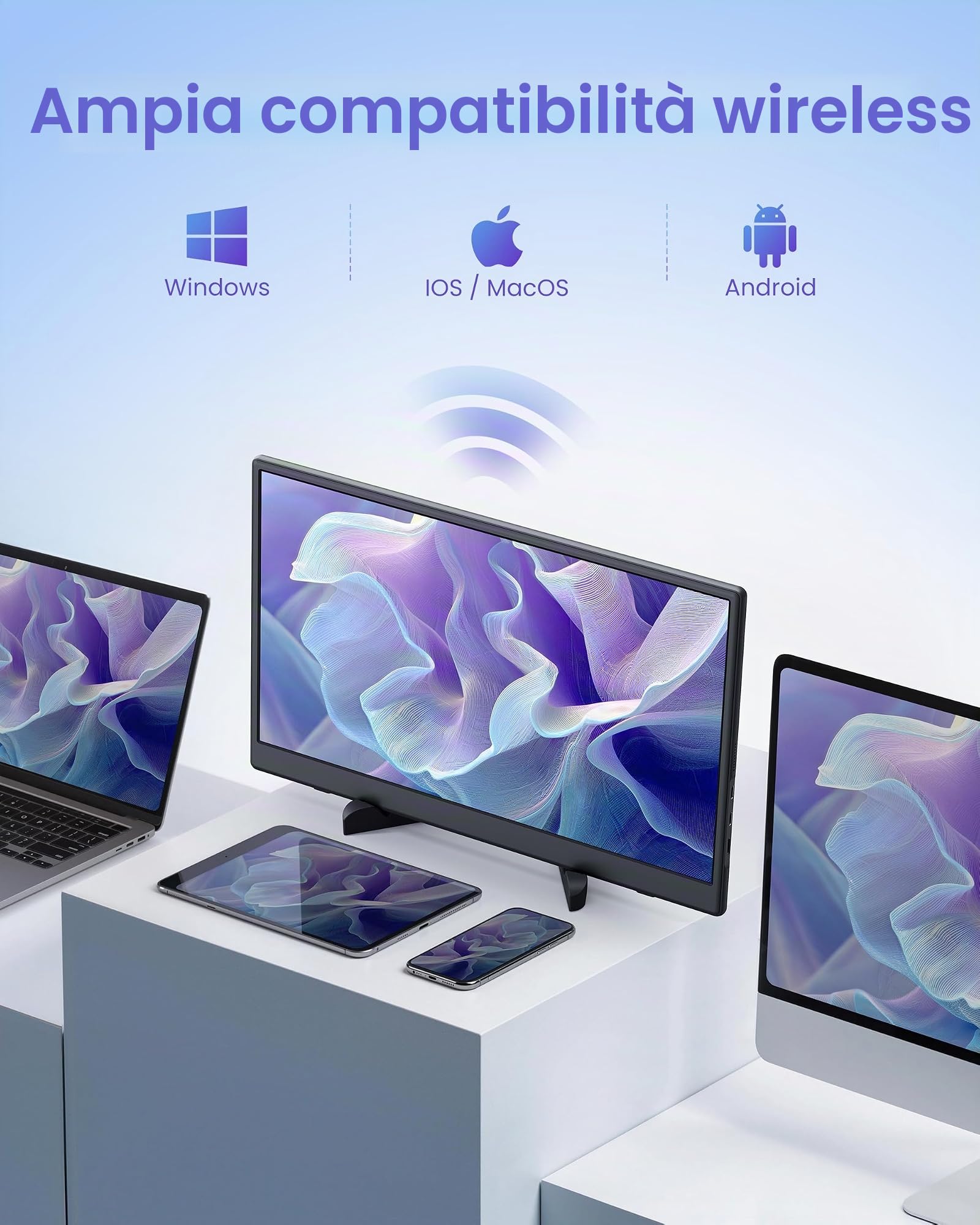 15,6 "Portatile Monitore Senza fili WiFi 1080P (2026) IPS | Estensione Dello Schermo Laptop Supporta AirPlay/ Miracast ,HDMI,USB C per PC/Cellulare /PS3/4 Wireless Portatile Monito