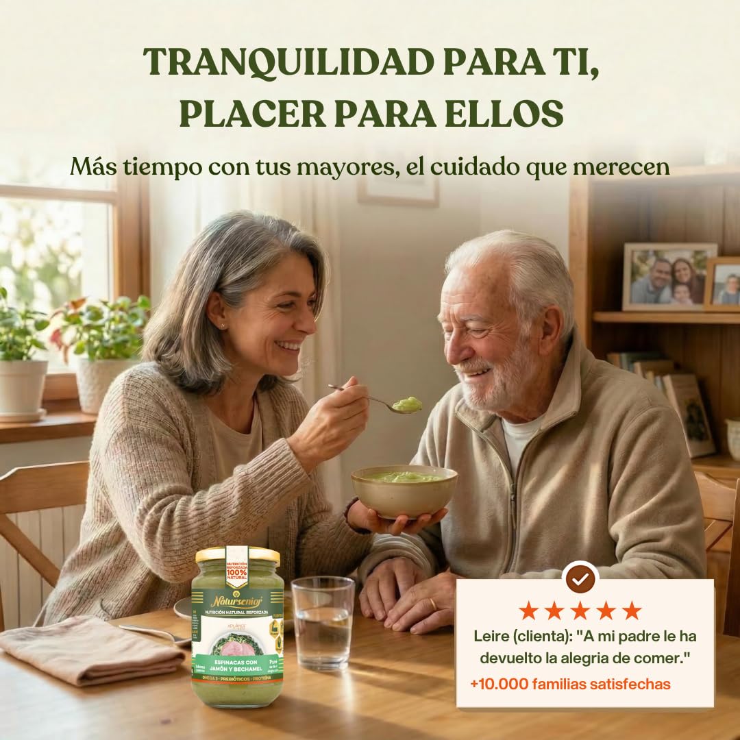 Natursenior - Comida Triturada para Personas Mayores - Pack Puré de Espinacas con Jamón y Bechamel - 100% Natural, Omega 3, Fibra, Proteína - 6 uds x 340g
