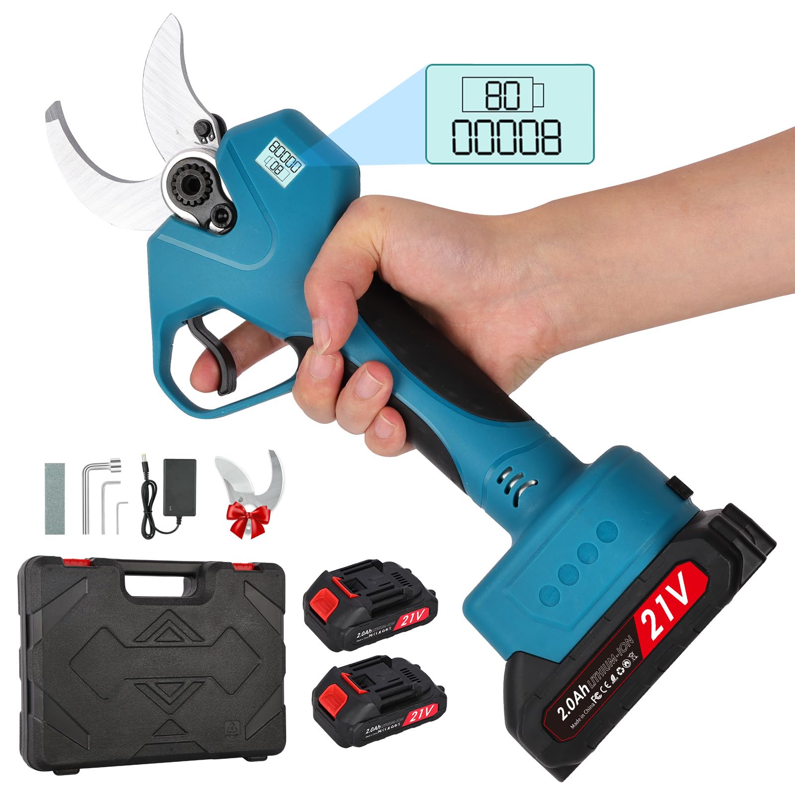 Tijeras de Podar Batería 40 mm con Pantalla y 2 Baterías 2.0Ah | Motor sin escobillas con corte preciso, ideal para árboles, viñedos y mantenimiento de zonas verdes
