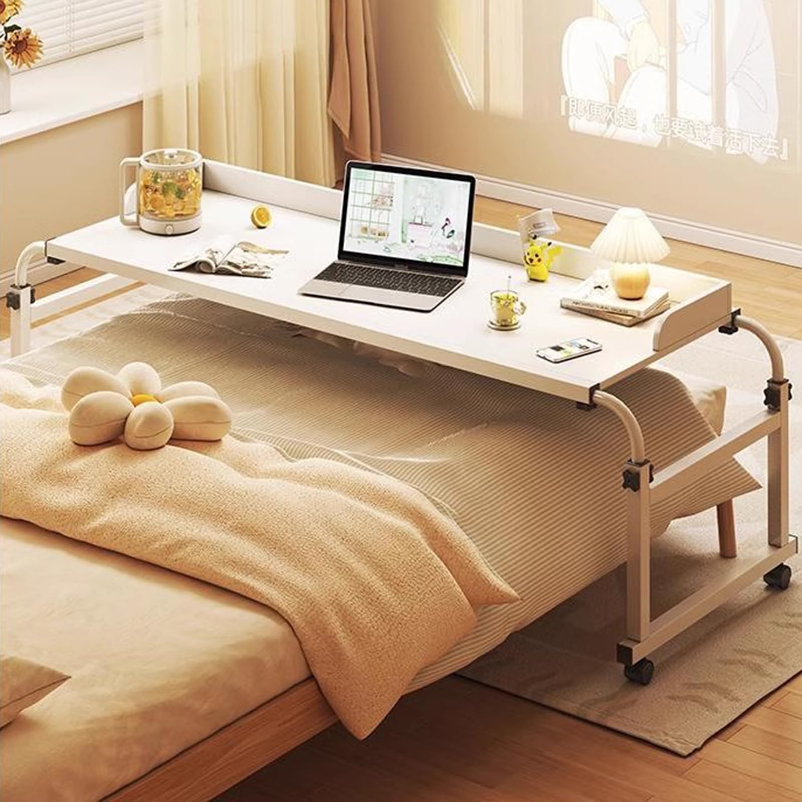 Scrivania mobile per letto con altezza regolabile, per casa, ufficio, ospedale e uso medico, con vassoio per alimenti regolabile in altezza, con ruote per una facile mobilità