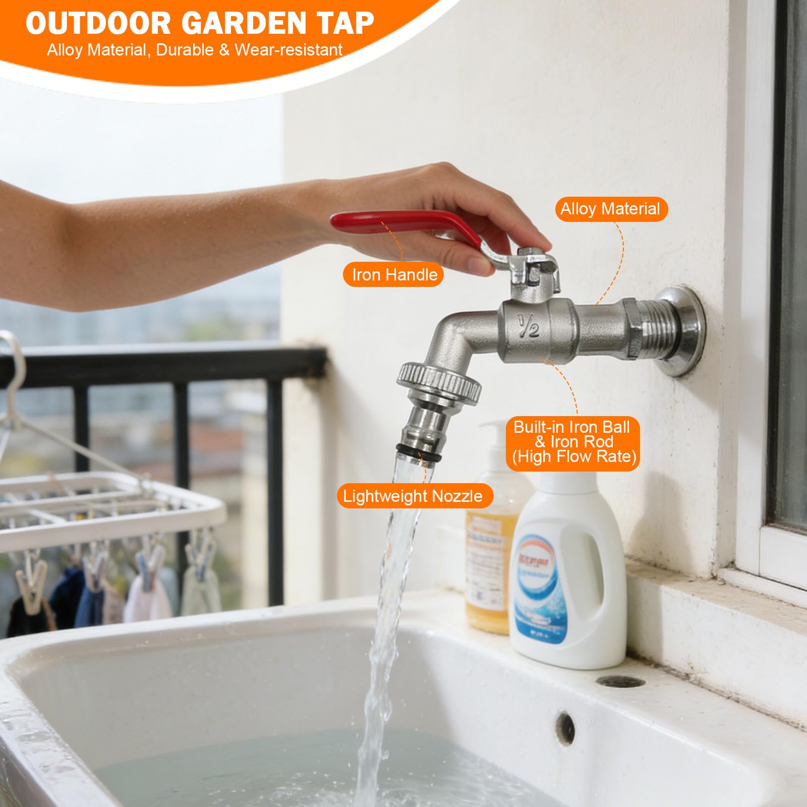 Bibcock Output Garden Tap, G1/2" Inlet and G3/4" Outlet Zinc Lloy Outside Tap, Water Butt Taps with Fittings - Image 3