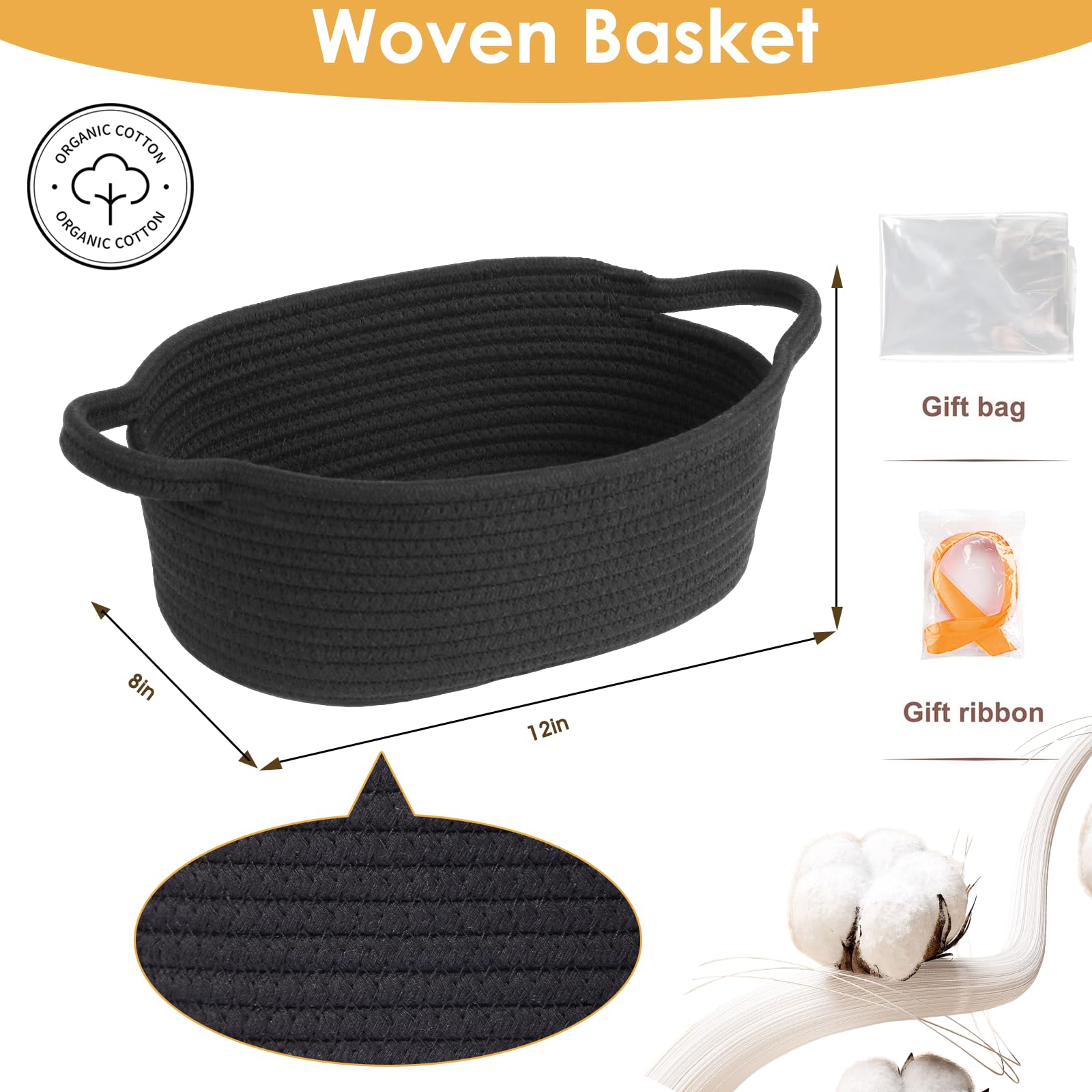 Small Woven Basket with Gift Bags and Ribbons,Cotton Rope Gifts Basket with Handles, Black, Oval Storage Organizer, 12x8x5 inches,Cute baby basket for Toys,nursery