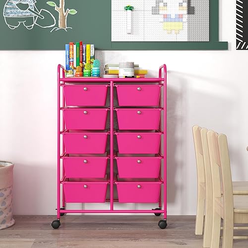 Vista 107 de GOFLAME Carrito de almacenamiento con ruedas de 10 cajones, organizador de almacenamiento de manualidades sobre ruedas, carrito multiusos móvil