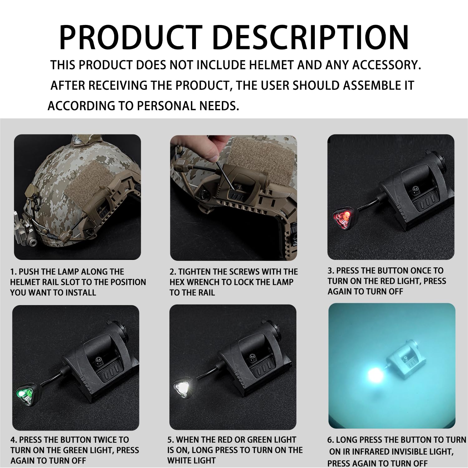 Lampes de Casque Tactiques 4 Modes Vert/Rouge/Blanc/IR Lampe de Travail LED avec Support de Lampe de Casque Lampes de signalisation de Survie Pliables