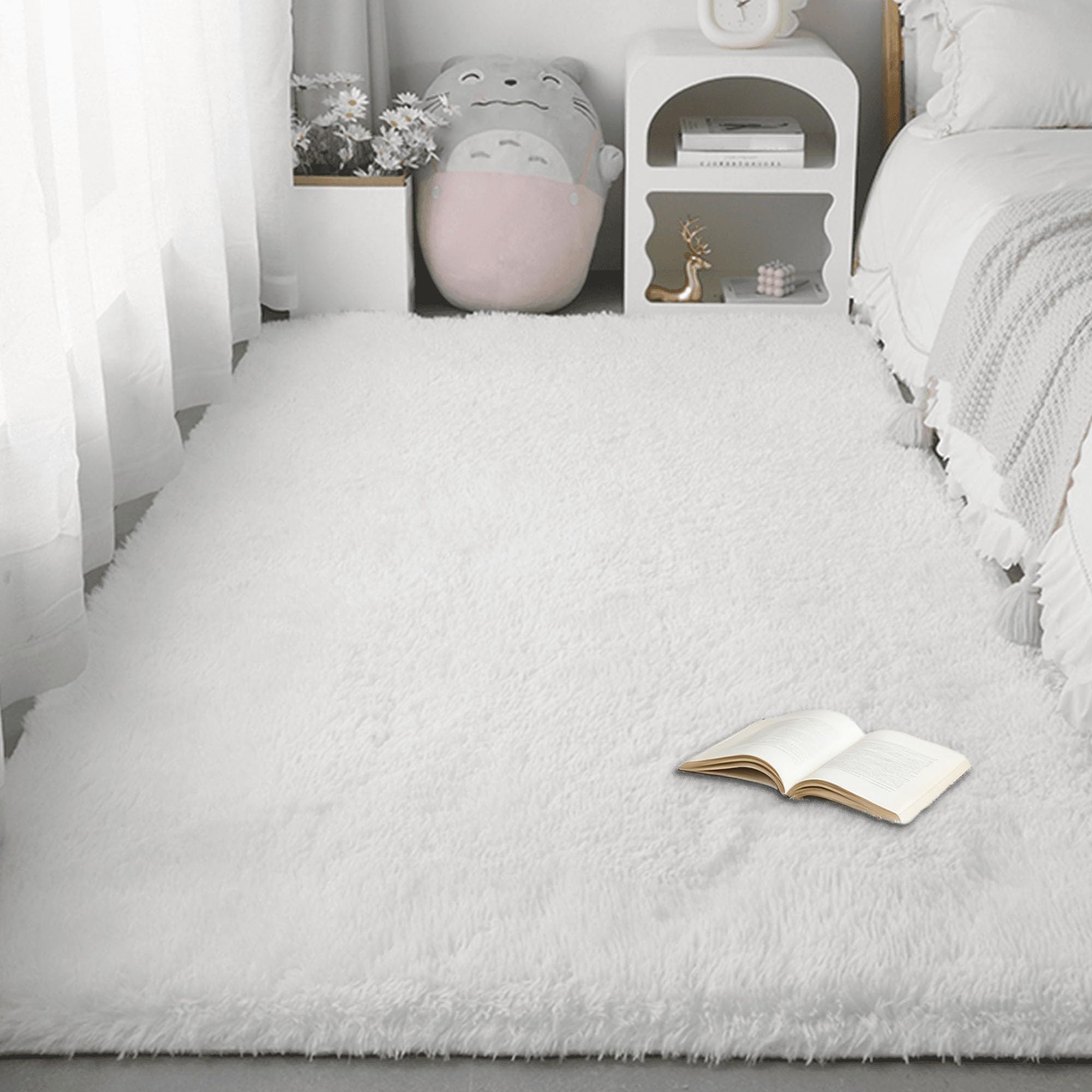 Flauschig Hochflor Teppich 120 x 260 cm Flauschiger Kuscheliger Weicher Carpet Moderner Flauschiger Kuscheliger für Wohnzimmer Deko, Schlafzimmer, Kinderzimmer, Weiß