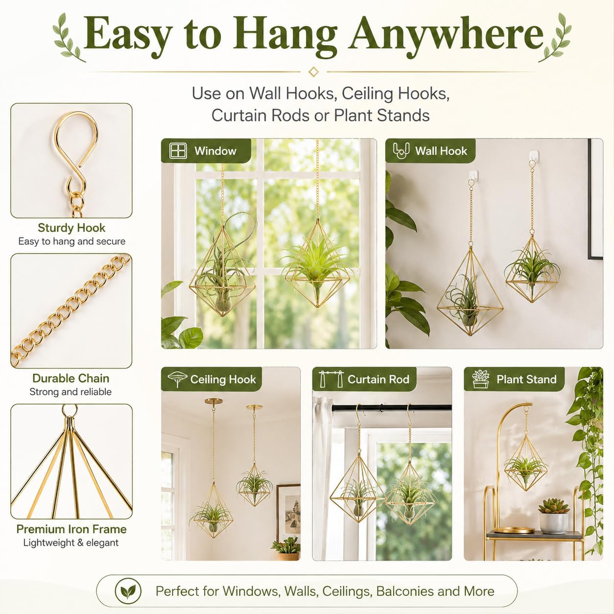 4 Pcs Gold Geometric Himmeli Air Plant Holders, Metal Tillandsia Hanging Planters with Chains and Hooks, 2 Sizes Diamond Shape Wall Ceiling Plant Hangers for Boho Home Decor, Patio, Garden