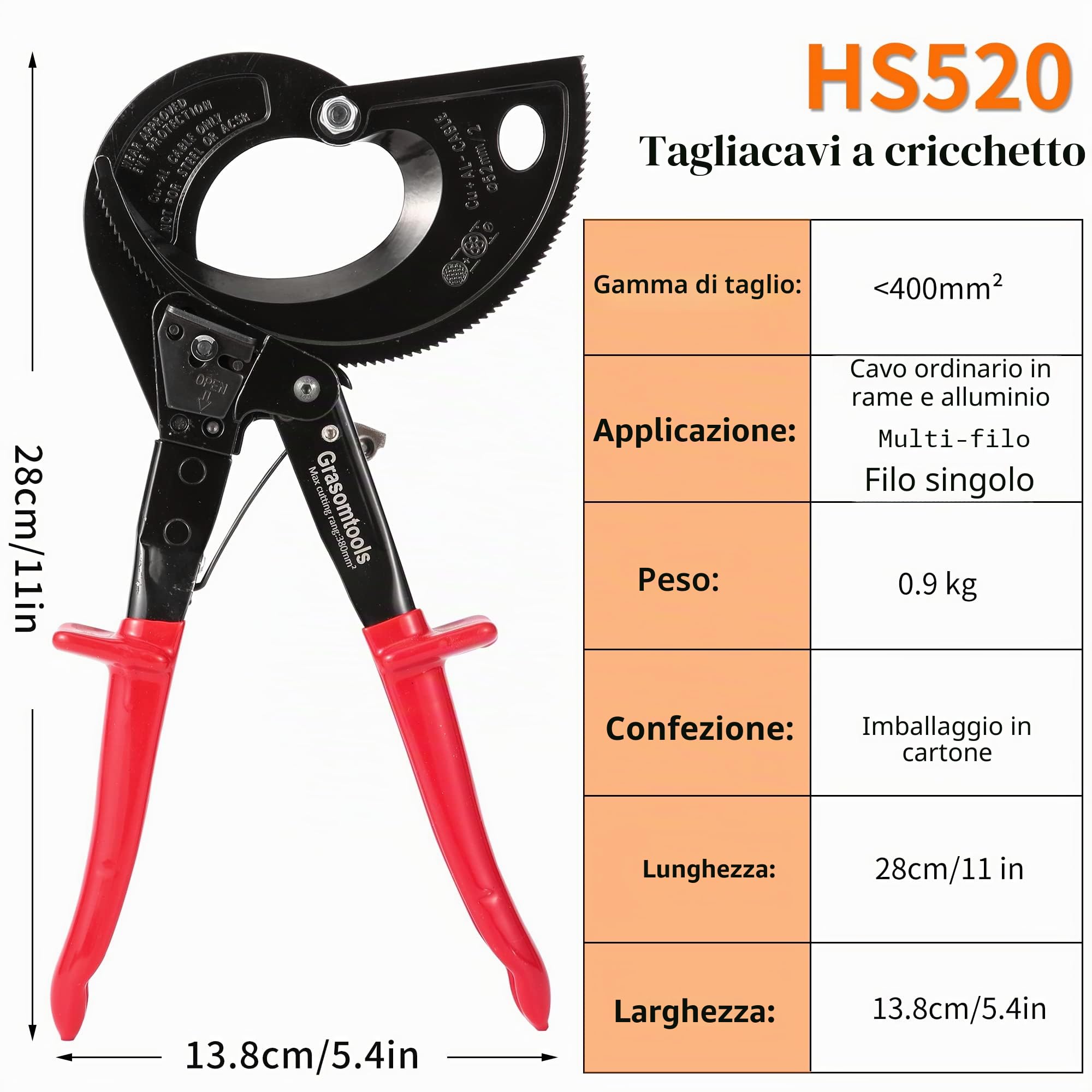 Taglierina per Cavi a Cricchetto HS520A - Heavy Duty Alluminio e Rame, 400 mm²