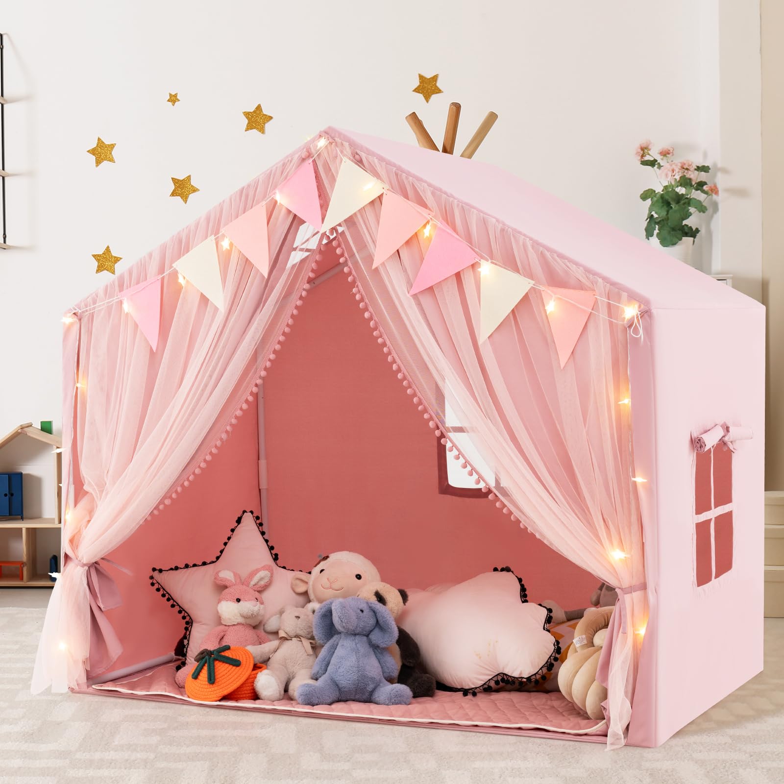 HOMASIS Tenda per Bambini Indoor, Casa da Gioco con Tappetino, Luci e Bandiere, Tenda da Gioco in Cotone, Tenda per Principesse per Ragazze e Ragazzi dai 3+ Anni per Camera dei Bambini (Rosa)