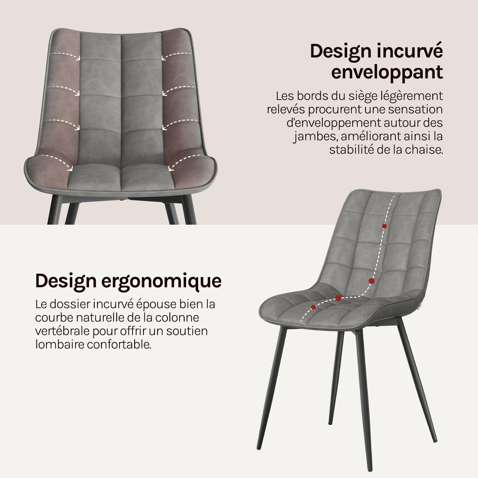 WOLTU 4 X Chaise de Salle à Manger Chaise de Cuisine Assise rembourrée en Similicuir épais Pieds en métal,Gris BH207gr-4